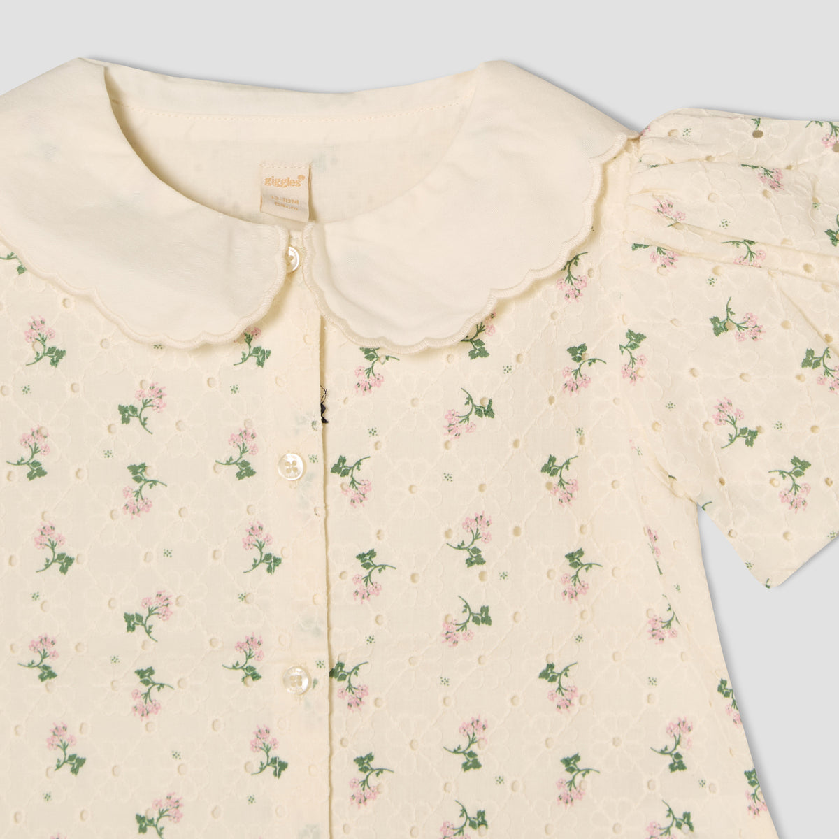 Giggles Collared Short Sleeves Shirt and Skirt Set with Floral Print