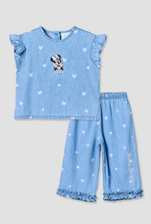 Disney Round Neck Sleeveless Denim Top and Wide Leg Pants Set with Minnie Mouse Applique