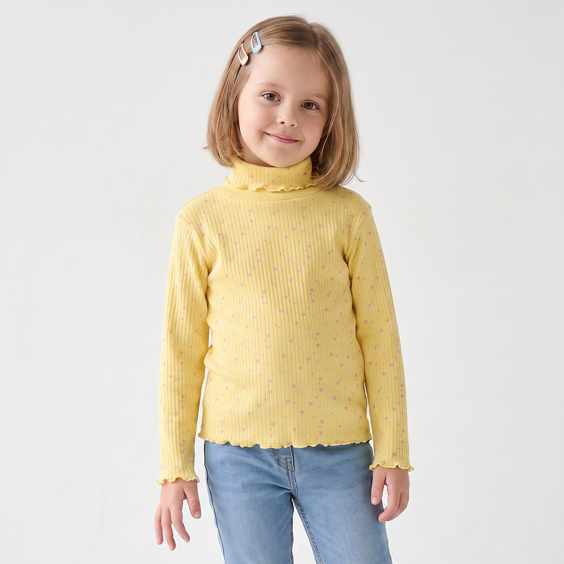 Juniors Turtleneck Long Sleeves T-shirt with Ribbed Design