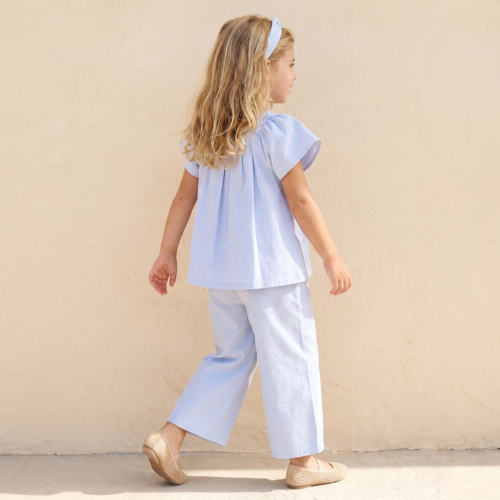 Juniors Square Neck Short Sleeves Peplum Top and Pants Set with Wavy Pattern