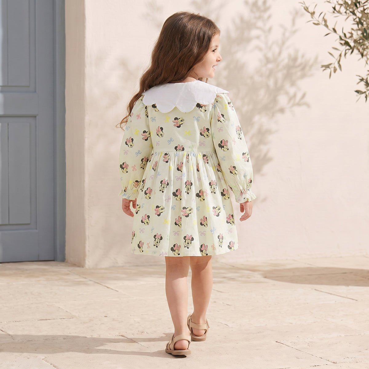 Disney Peter Pan Long Sleeves Knee Length A-line Dress with Minnie Mouse Print