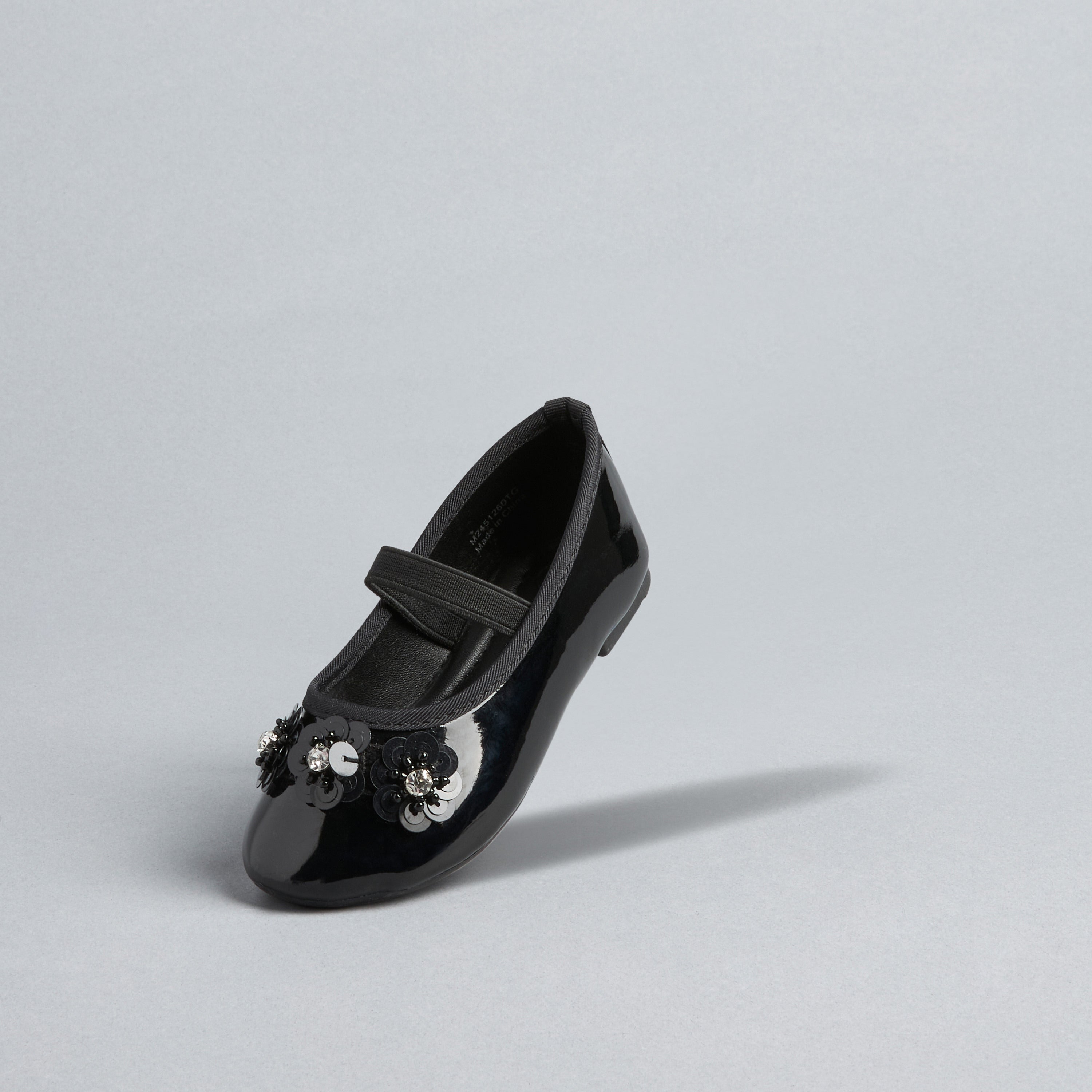 Floral Embellished Ballerina Shoes with Elasticated Strap - Black / 20