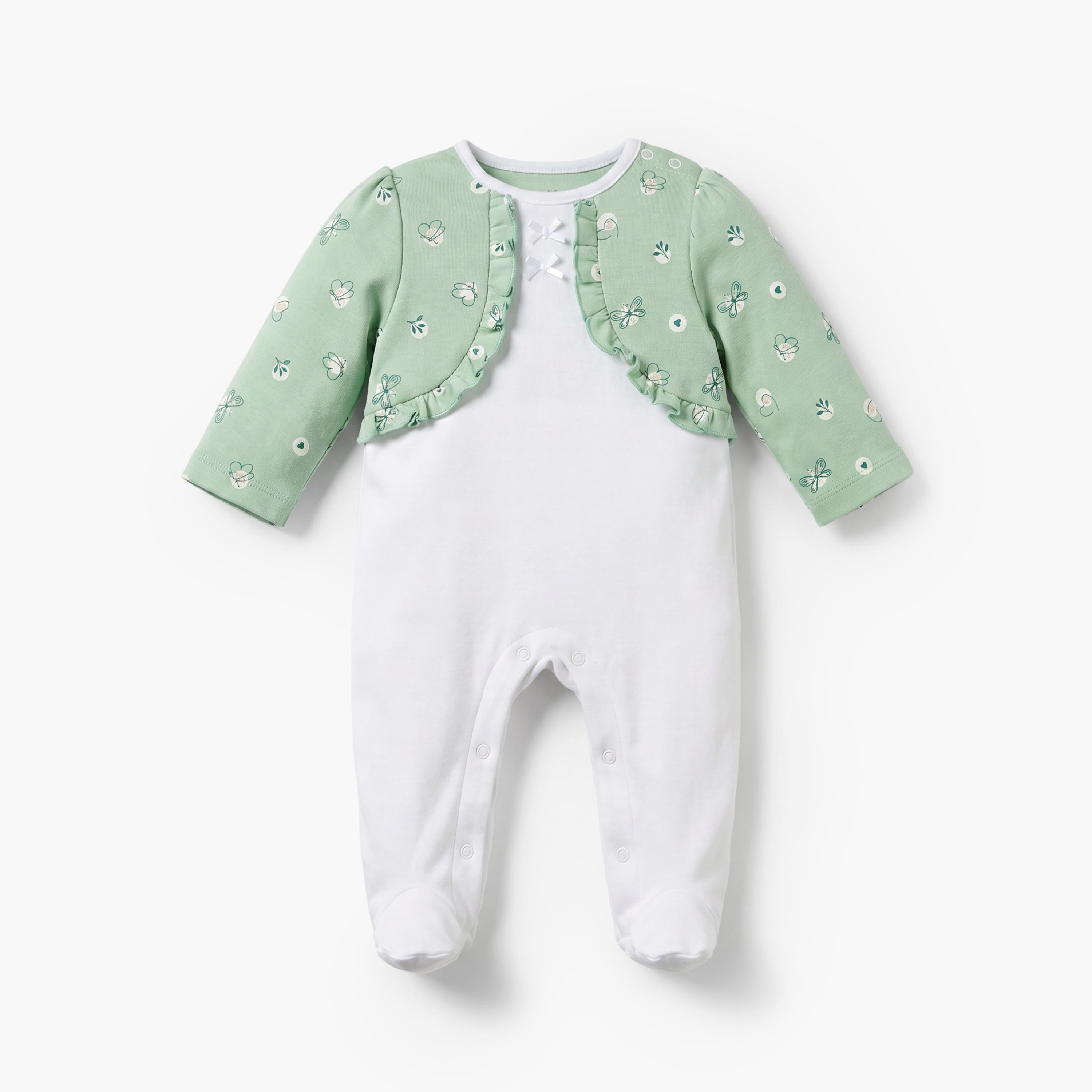 Juniors Cotton Round Neck Long Sleeves Sleepsuit with Bolero Overlay - White / 9-12 mths