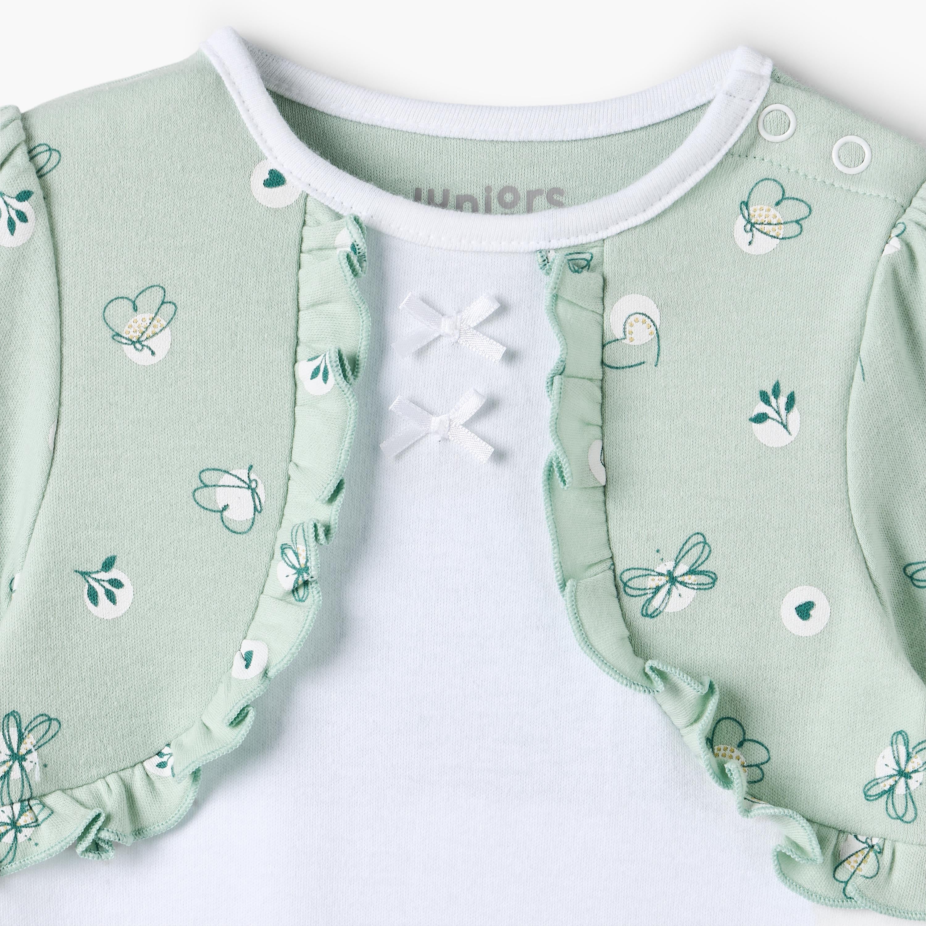 Juniors Cotton Round Neck Long Sleeves Sleepsuit with Bolero Overlay