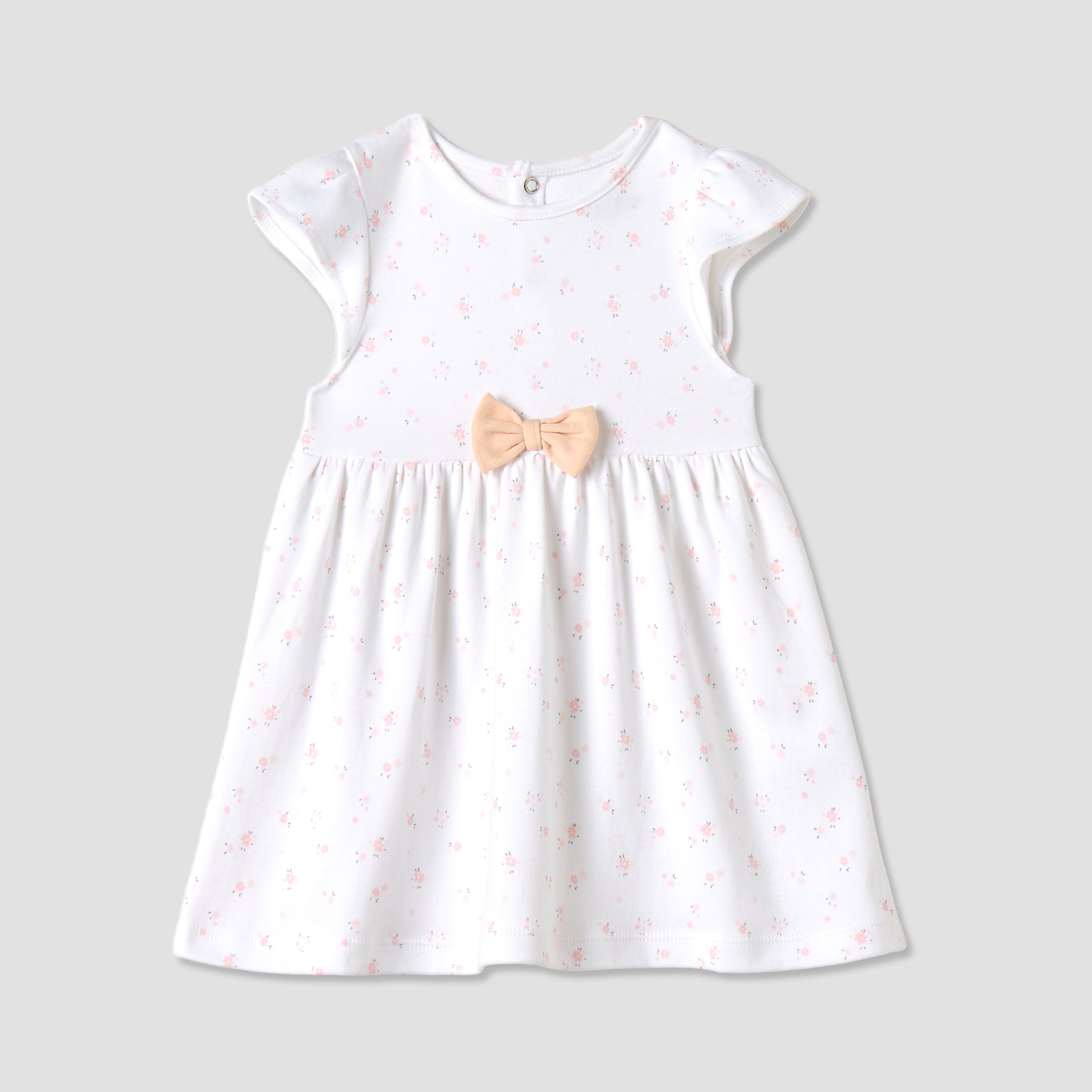 Juniors All-Over Floral Print A-line Dress with Bow Detail - White / 12-18 mths