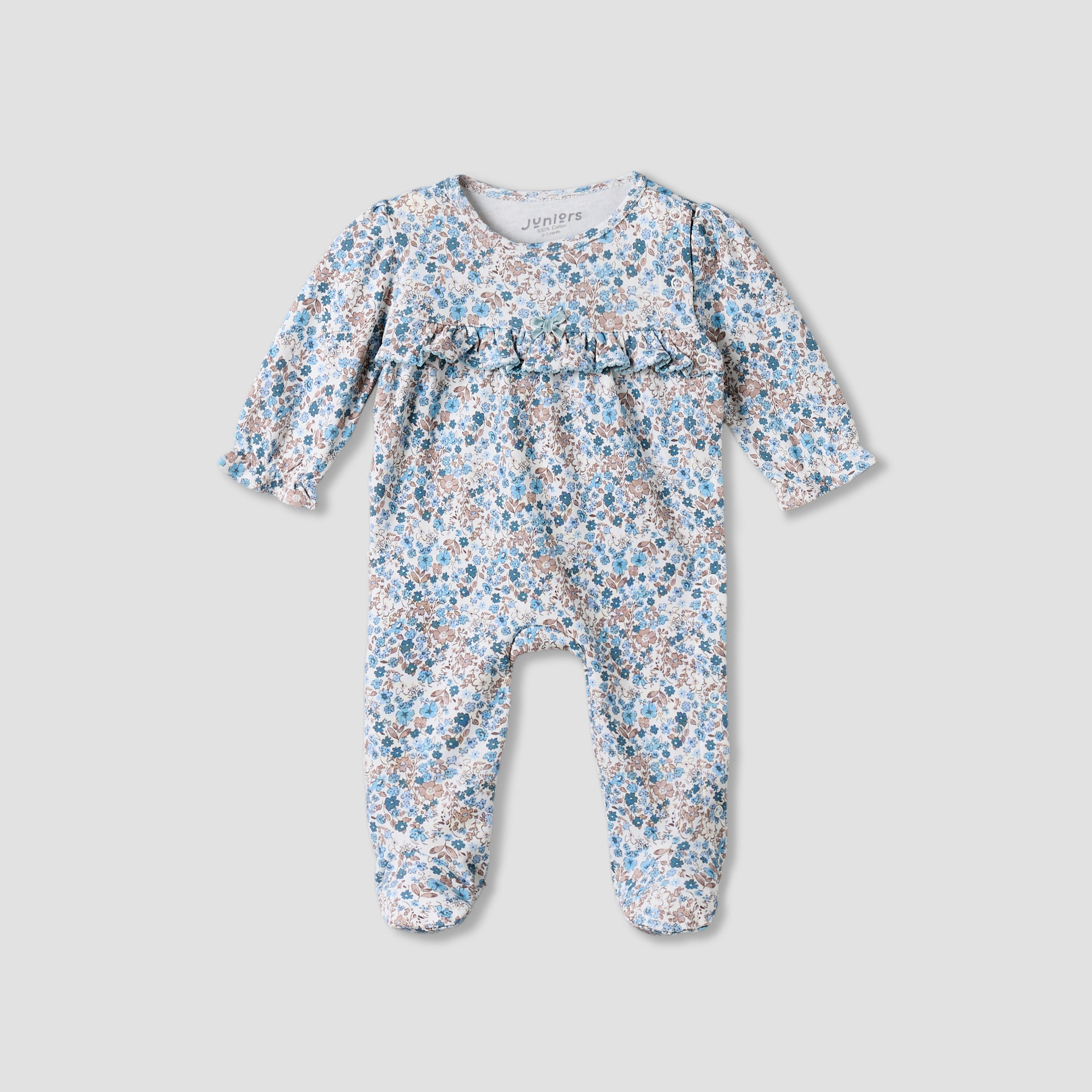 Juniors Cotton Round Neck Long Sleeves Sleepsuit with Floral Print - Blue / 9-12 mths
