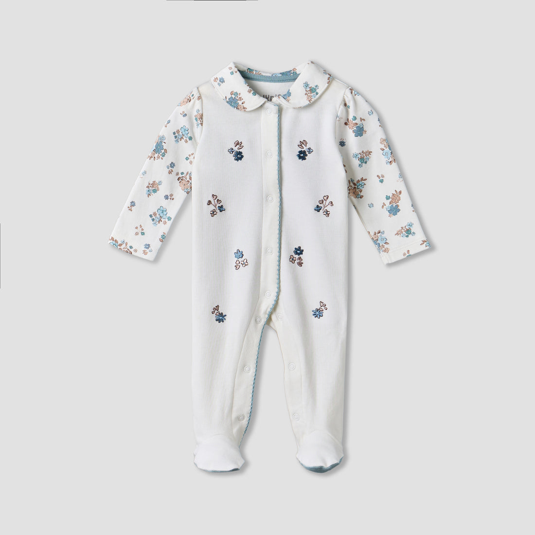 Juniors Cotton Collared Long Sleeves Sleepsuit with Floral Print - White / 9-12 mths