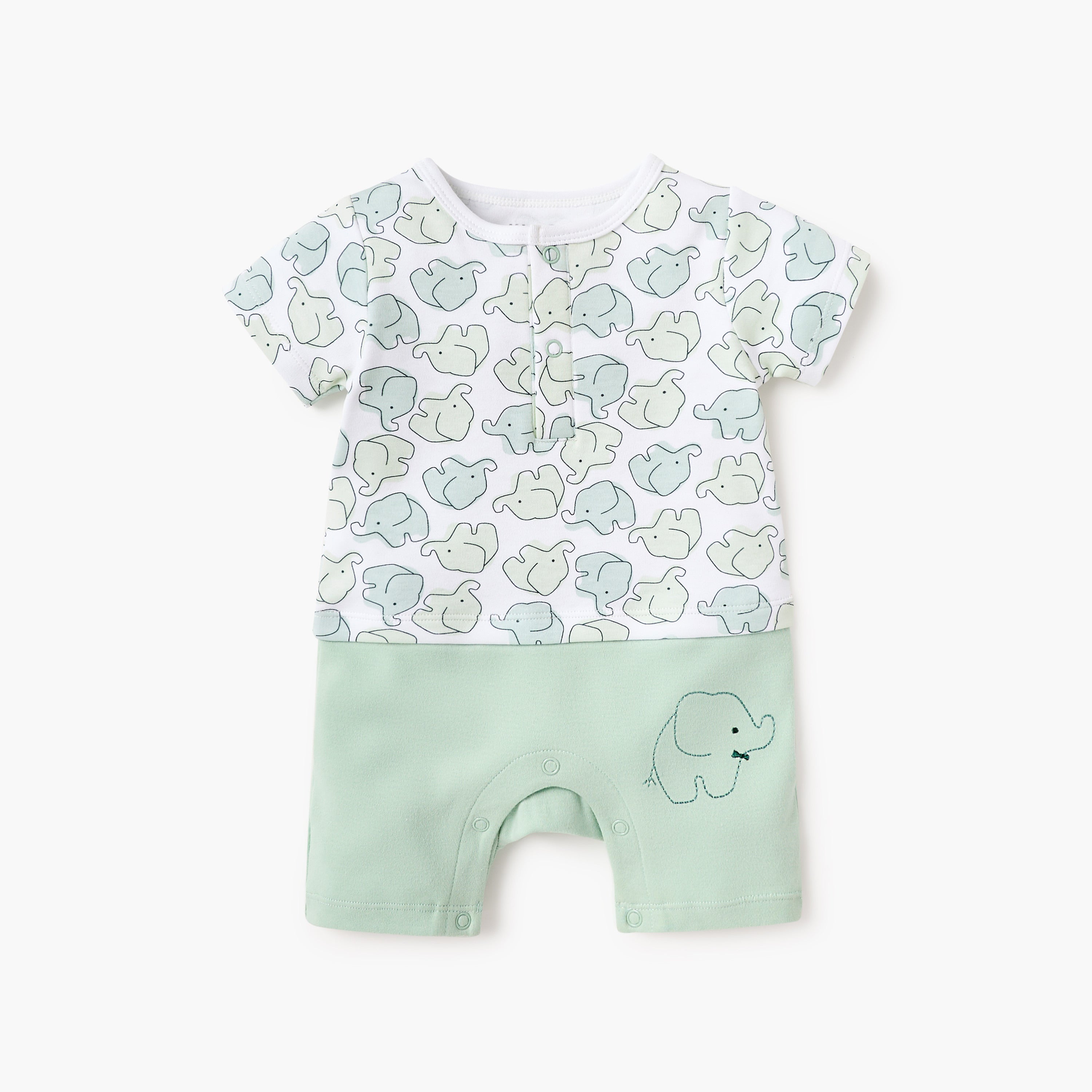 Juniors Elephant Print Romper with Short Sleeves and Snap Button Closure - Green / 12-18 mths