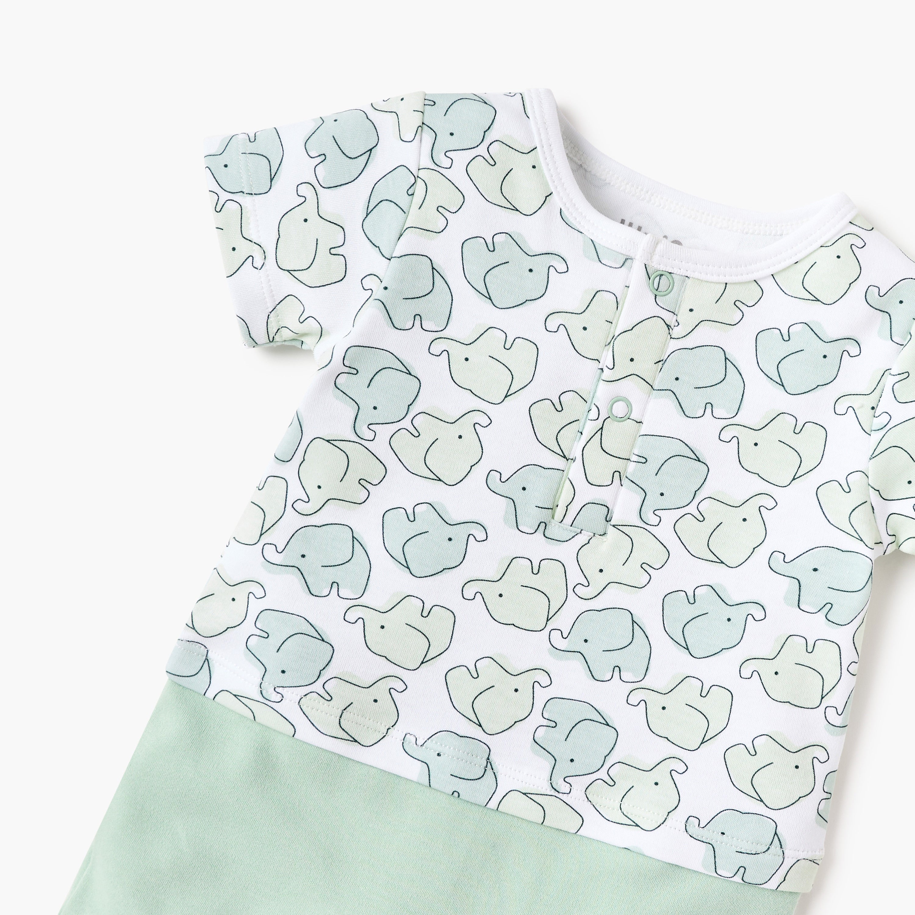 Juniors Elephant Print Romper with Short Sleeves and Snap Button Closure