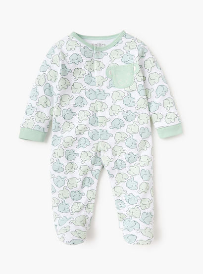 Juniors Elephant Print Closed Foot Sleepsuit with Long Sleeves and Snap Button Closure-baby-boys-clothing-nightwear-sleepsuits-image-1