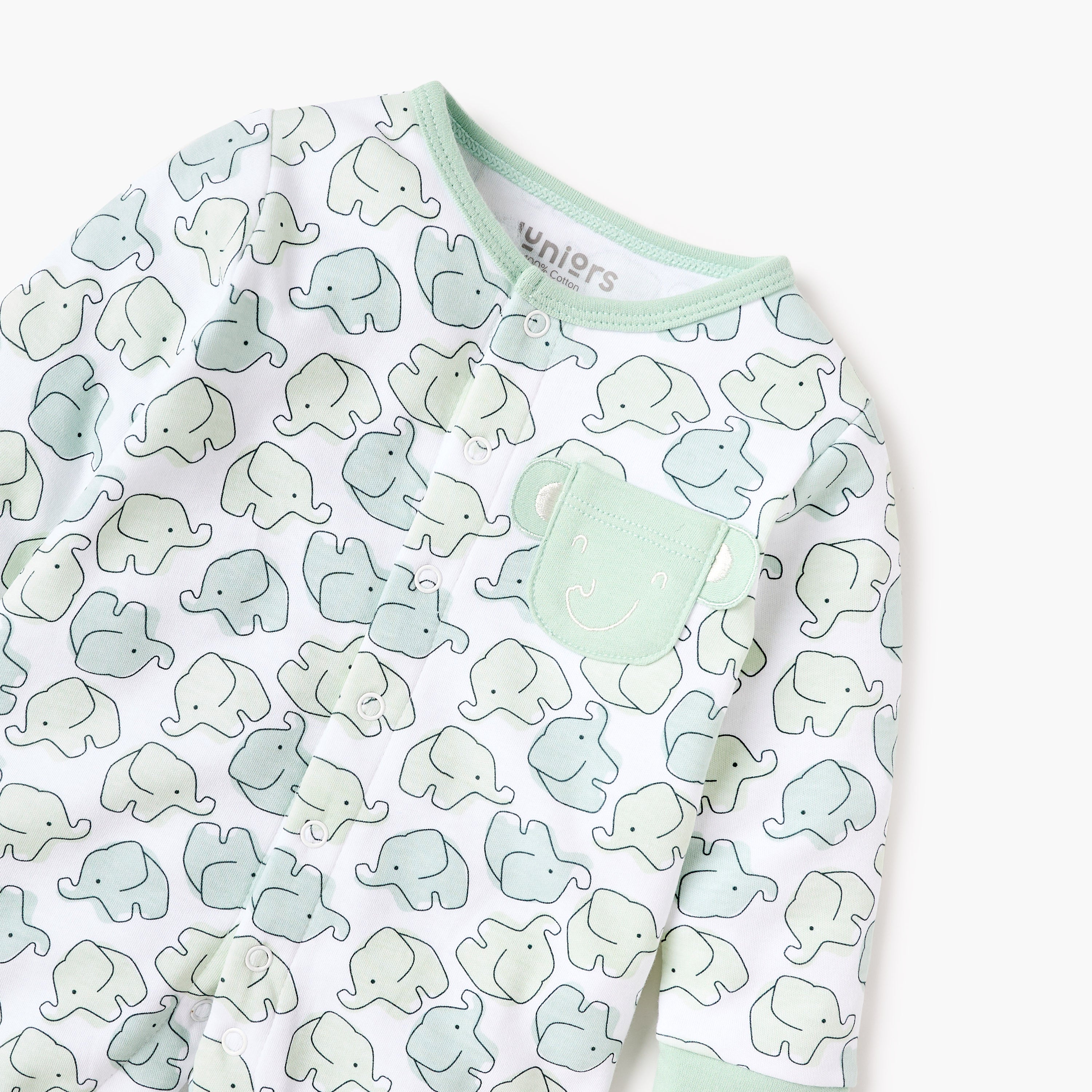 Juniors Elephant Print Closed Foot Sleepsuit with Long Sleeves and Snap Button Closure