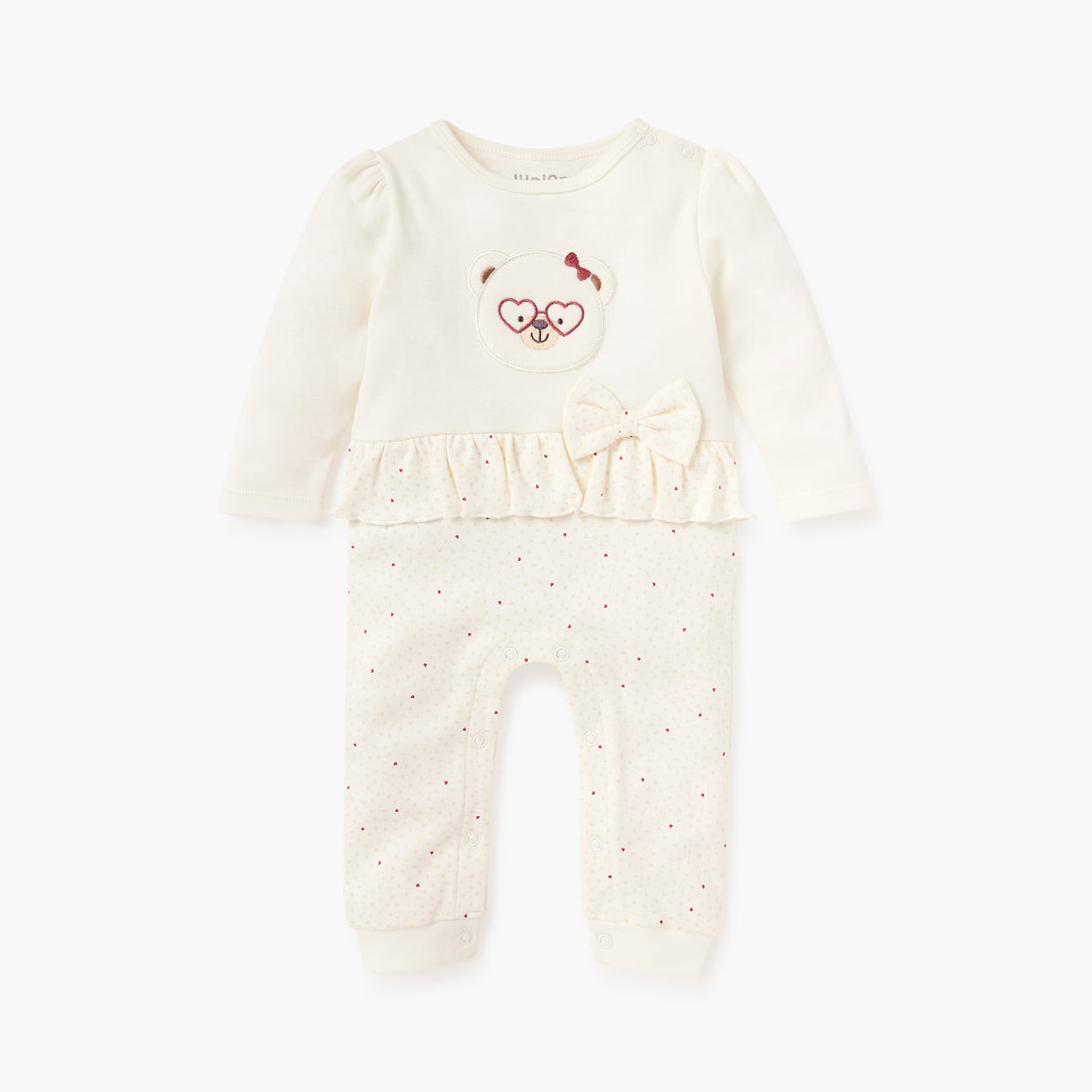 Juniors Bear Applique Sleepsuit with Long Sleeves and Bow Detail - Cream / 12-18 mths