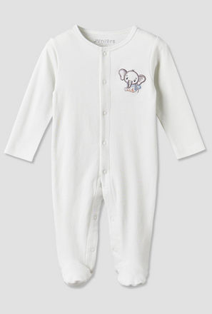 Juniors Cotton Crew Neck Long Sleeves Sleepsuit with Elephant Applique