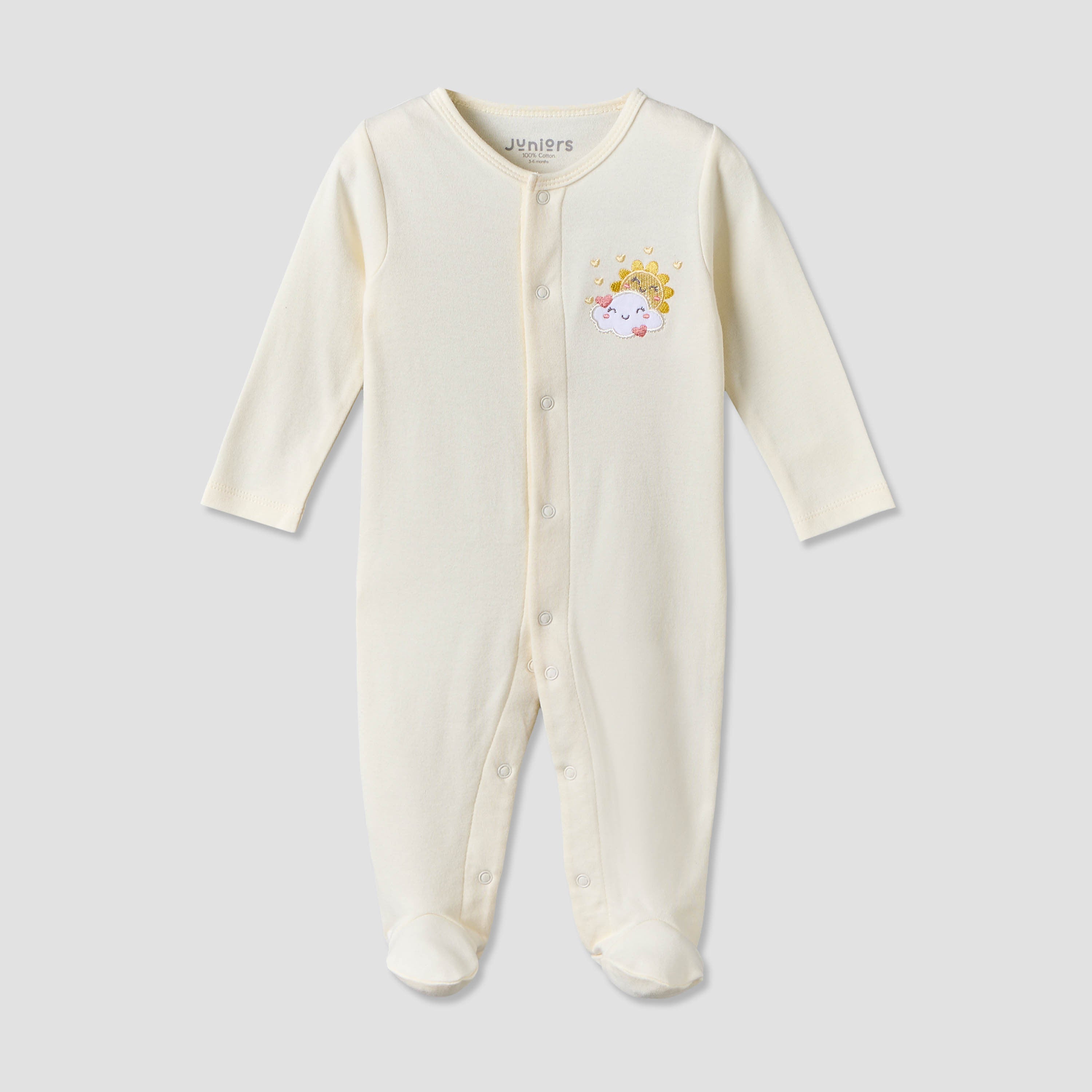 Juniors Cotton Crew Neck Long Sleeves Sleepsuit with Cloud Applique - Cream / 12-18 mths