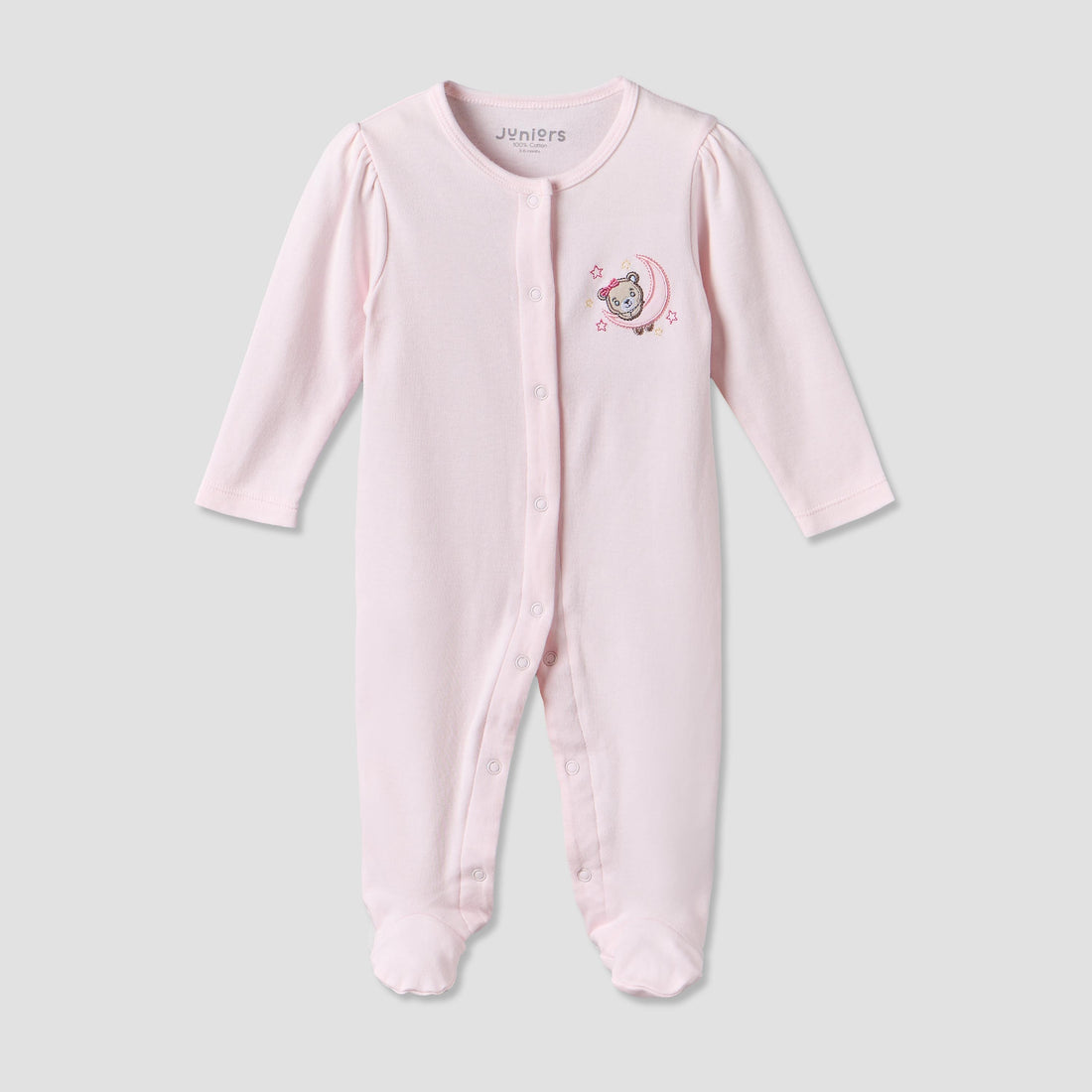 Juniors Cotton Crew Neck Long Sleeves Sleepsuit with Bear Applique - Pink / 12-18 mths