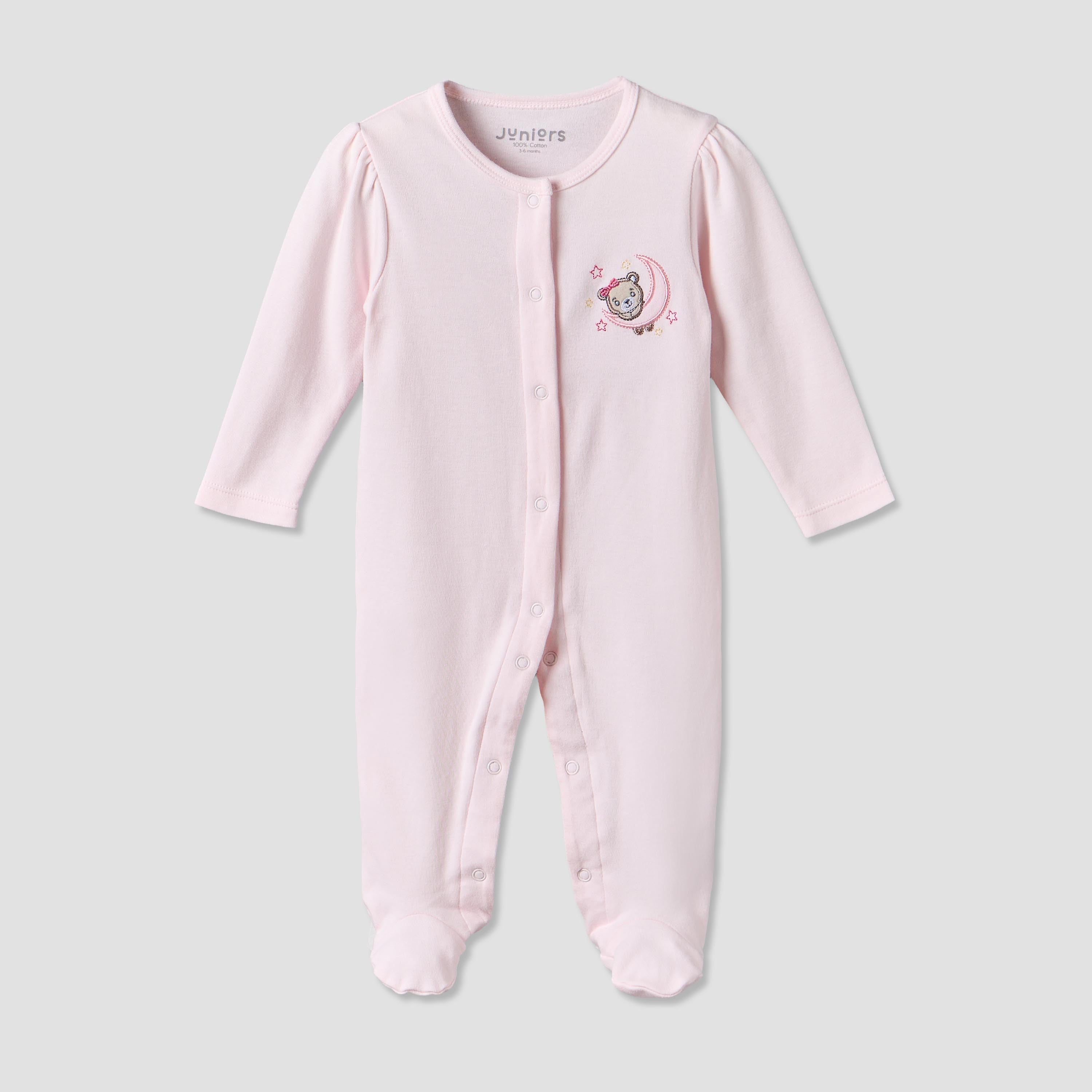 Juniors Cotton Crew Neck Long Sleeves Sleepsuit with Bear Applique - Pink / 12-18 mths