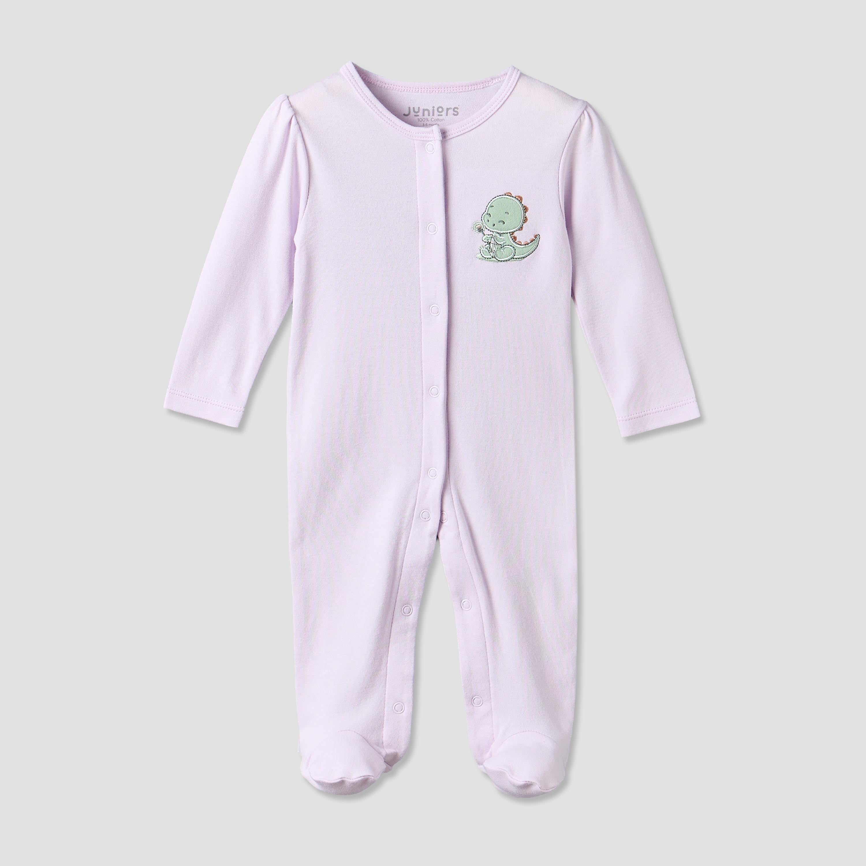 Juniors Cotton Crew Neck Long Sleeves Sleepsuit with Dinosaur Applique - Purple / 12-18 mths