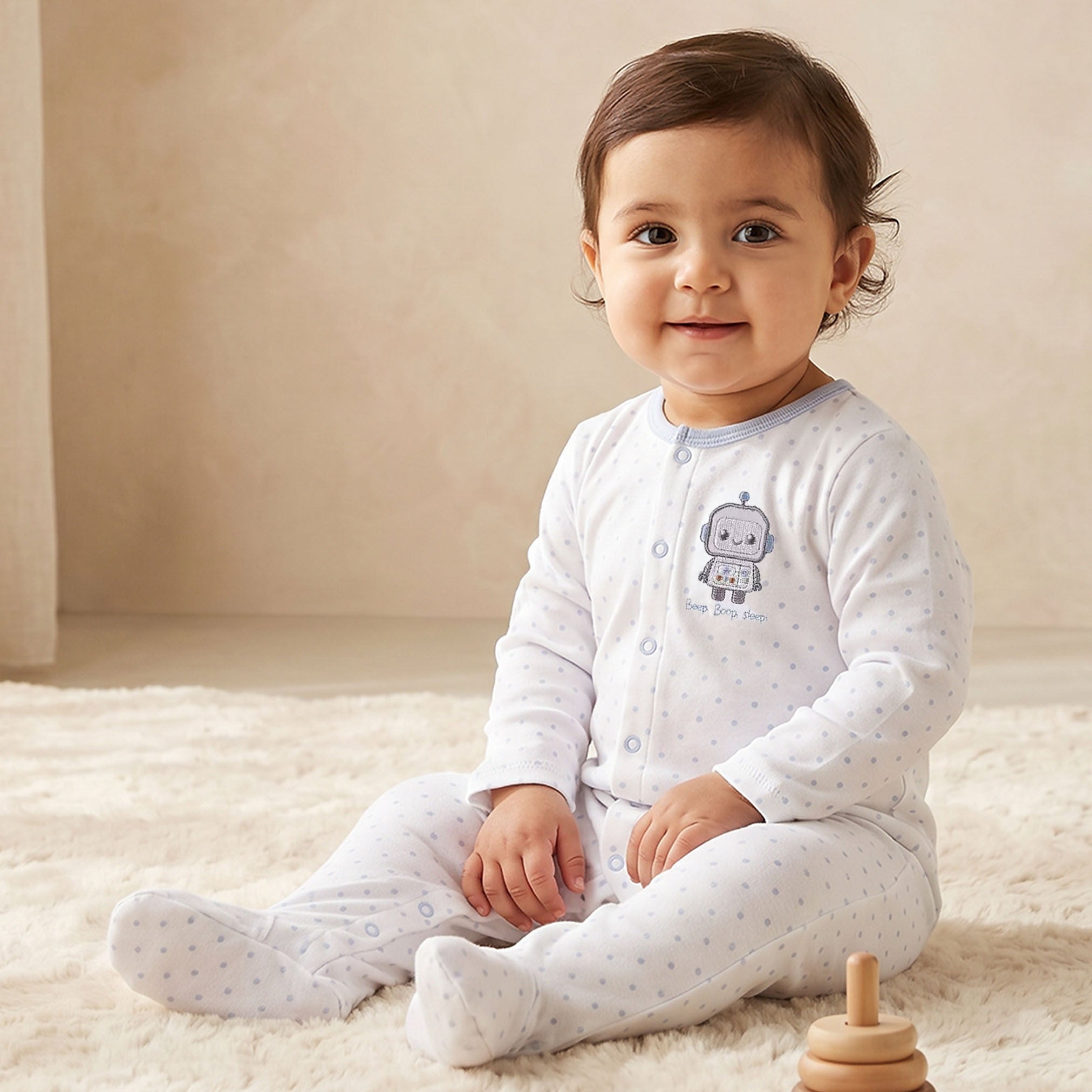 Juniors Robot Applique Sleepsuit with Long Sleeves and Button Closure - Blue / 12-18 mths