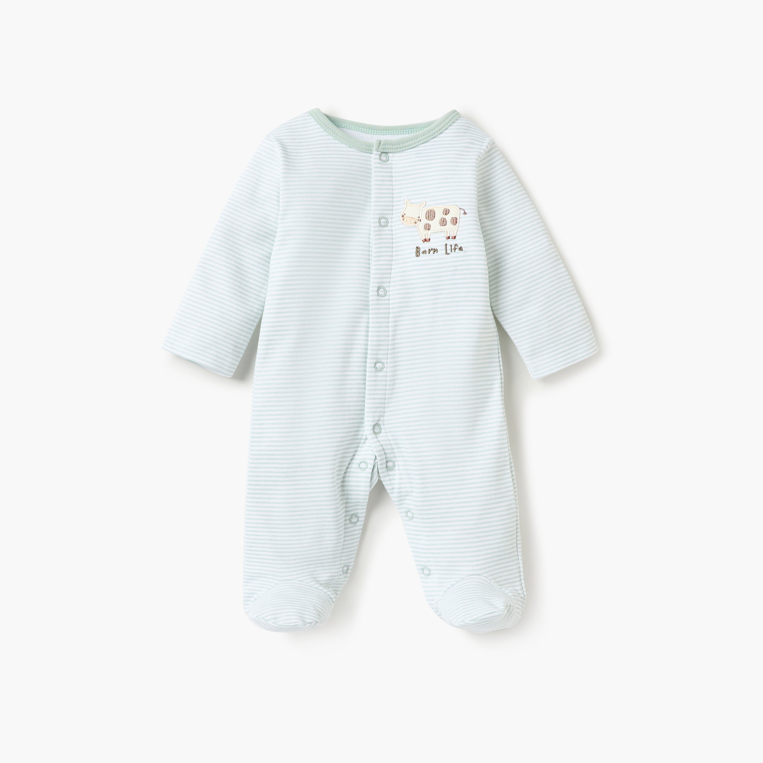 Juniors Striped Closed Foot Sleepsuit with Long Sleeves and Snap Button Closure - Green / 12-18 mths