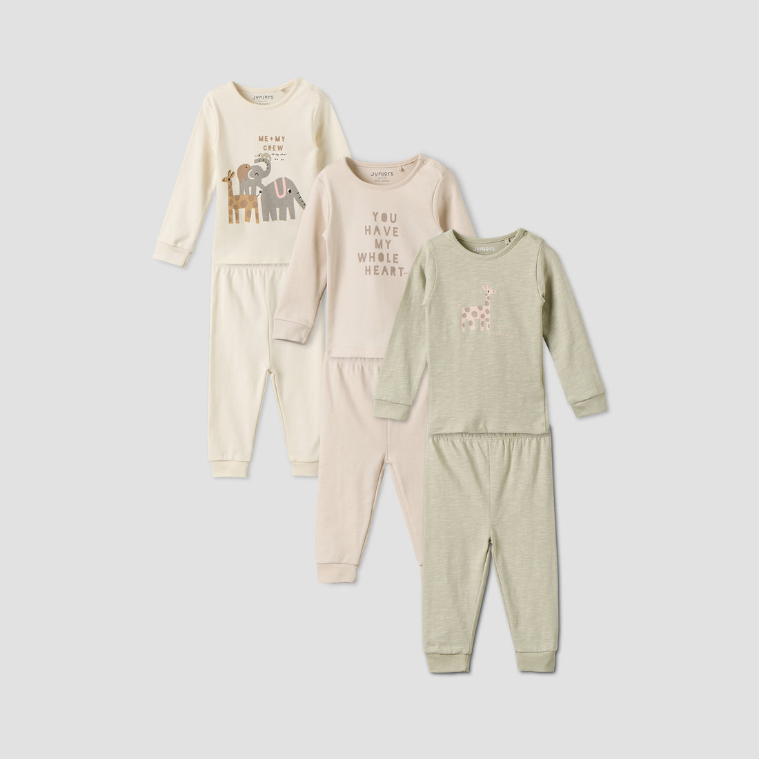 Pack of 3 Juniors Cotton Crew Neck Long Sleeves Pyjama Set with Safari Print - Beige / 18-24 mths