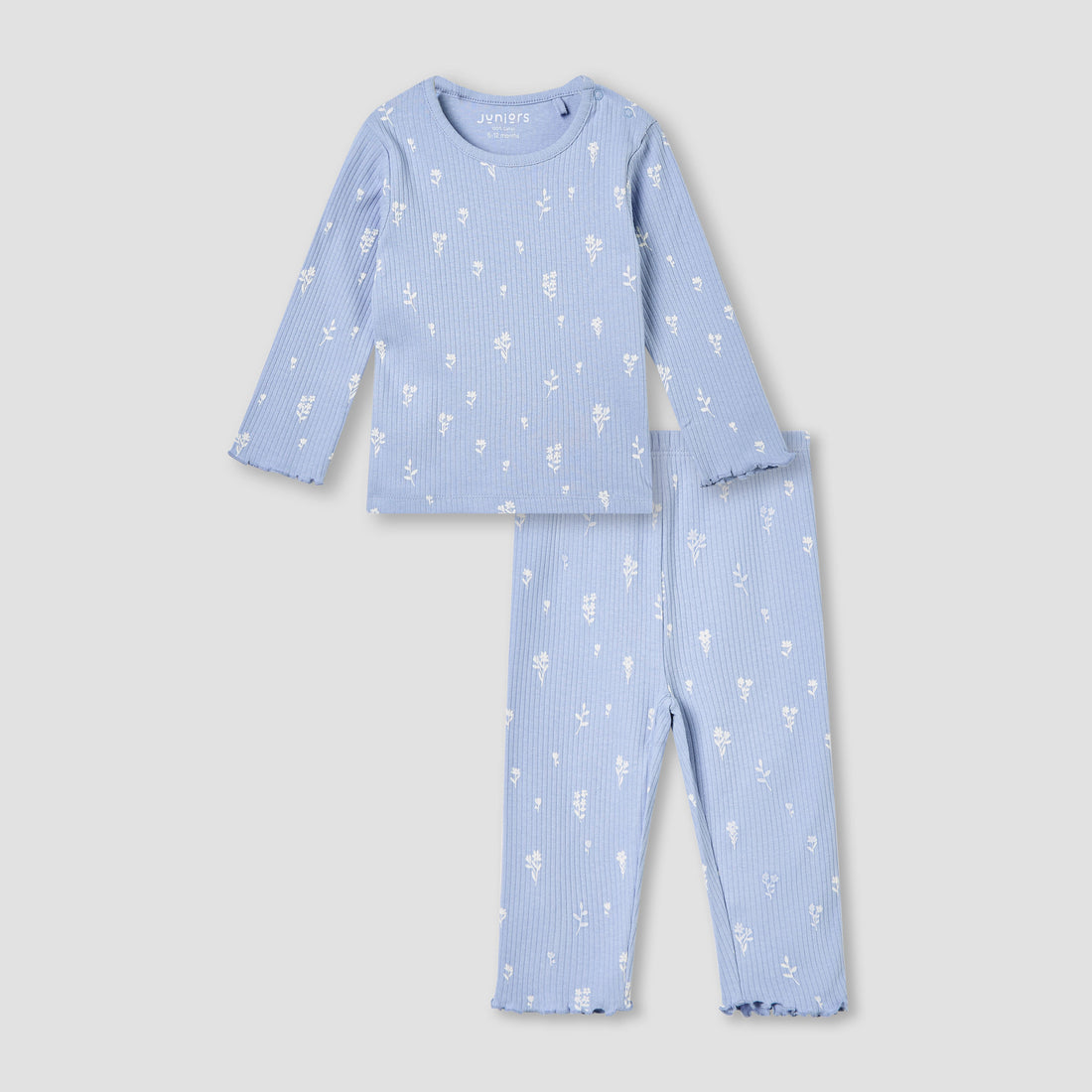 Juniors Pyjama Set with Floral Print - Cotton - Long Sleeves - Round Neck - Blue / 18-24 mths