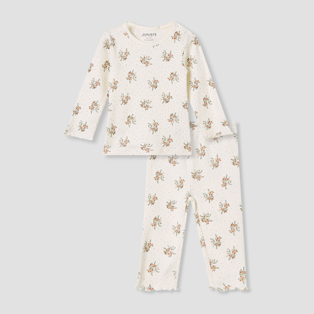 Juniors Pyjama Set with Floral Print - Cotton - Long Sleeves - Round Neck - Cream / 12-18 mths