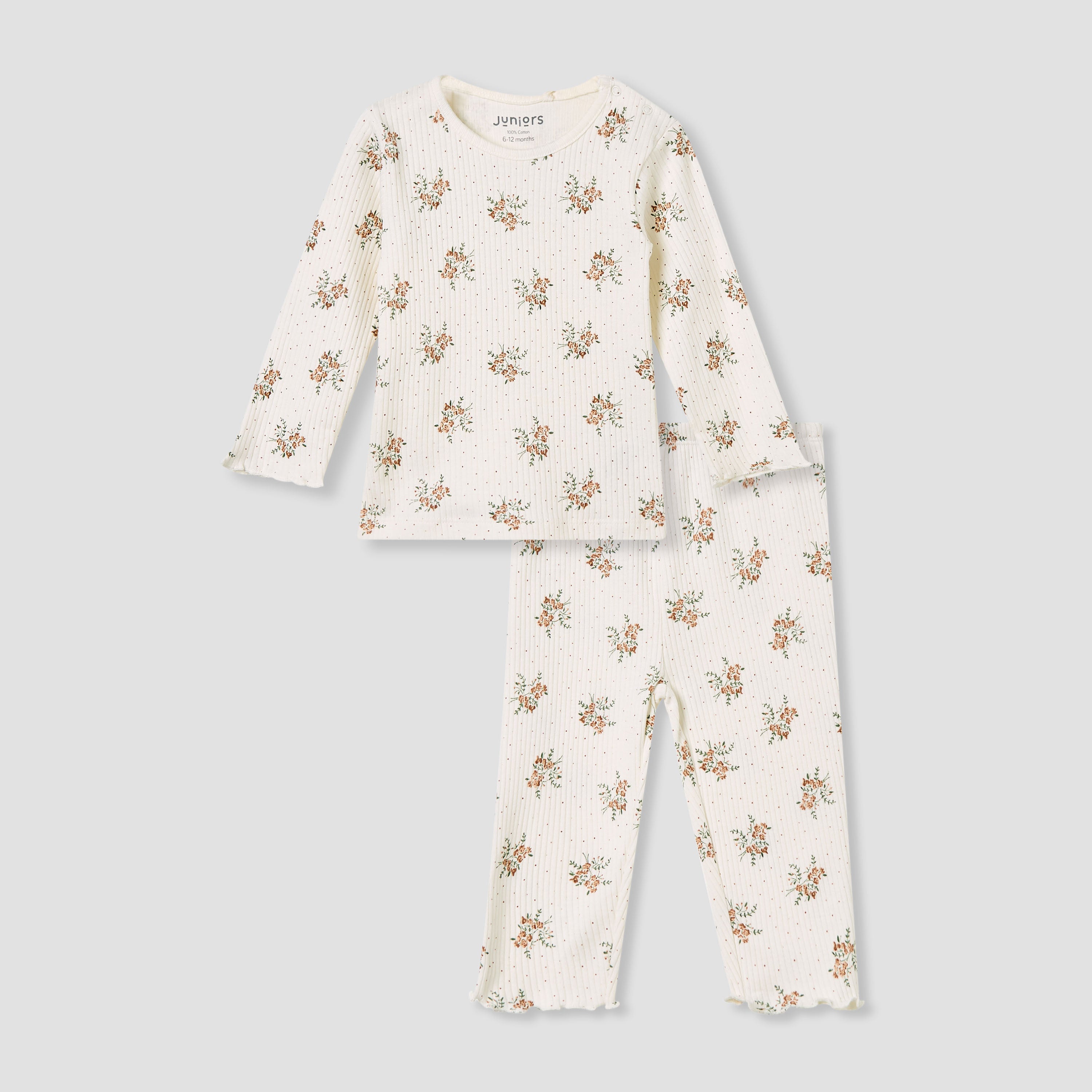 Juniors Pyjama Set with Floral Print - Cotton - Long Sleeves - Round Neck - Cream / 12-18 mths