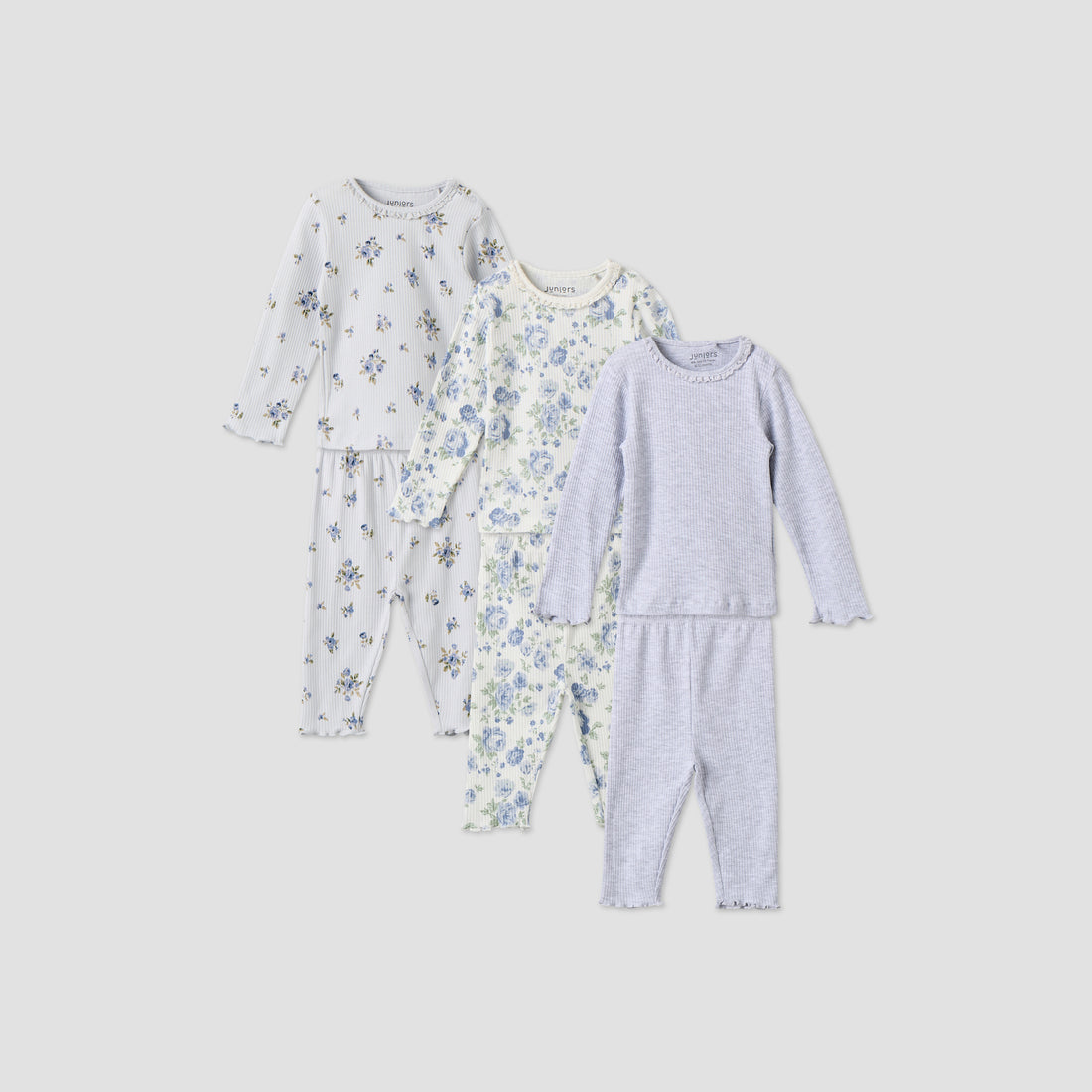 Pack of 3 Juniors Cotton Crew Neck Long Sleeves Pyjama Set with Floral Print - Blue / 18-24 mths