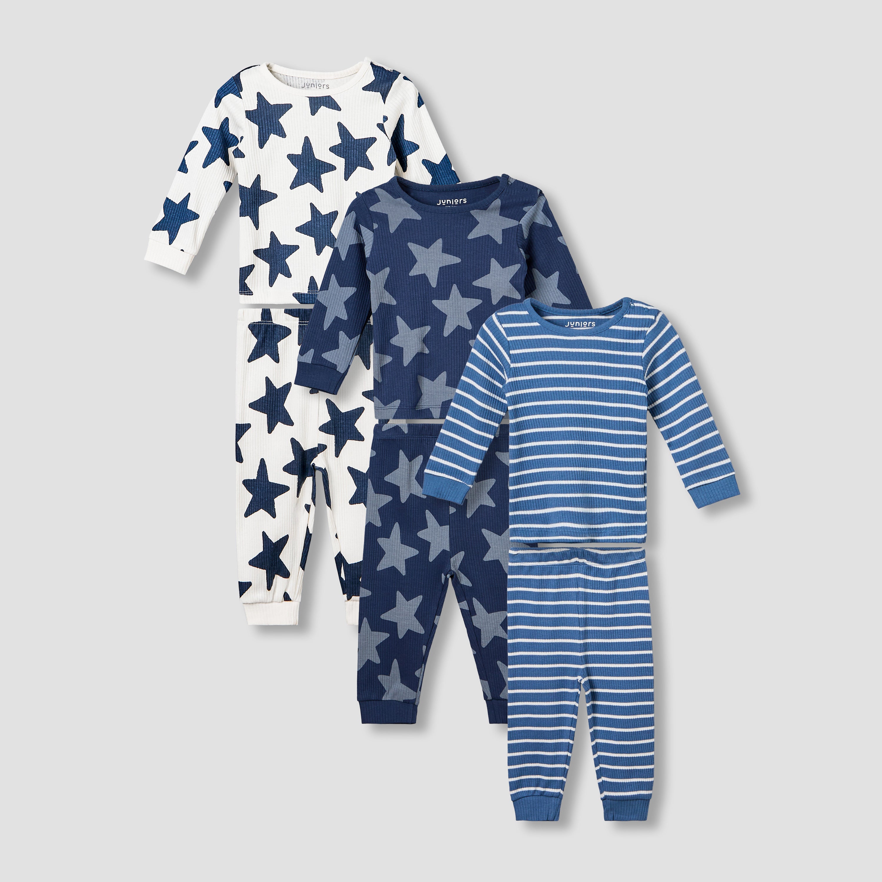 Set of 3 Juniors Cotton Long Sleeves Pyjama Set with Star Print