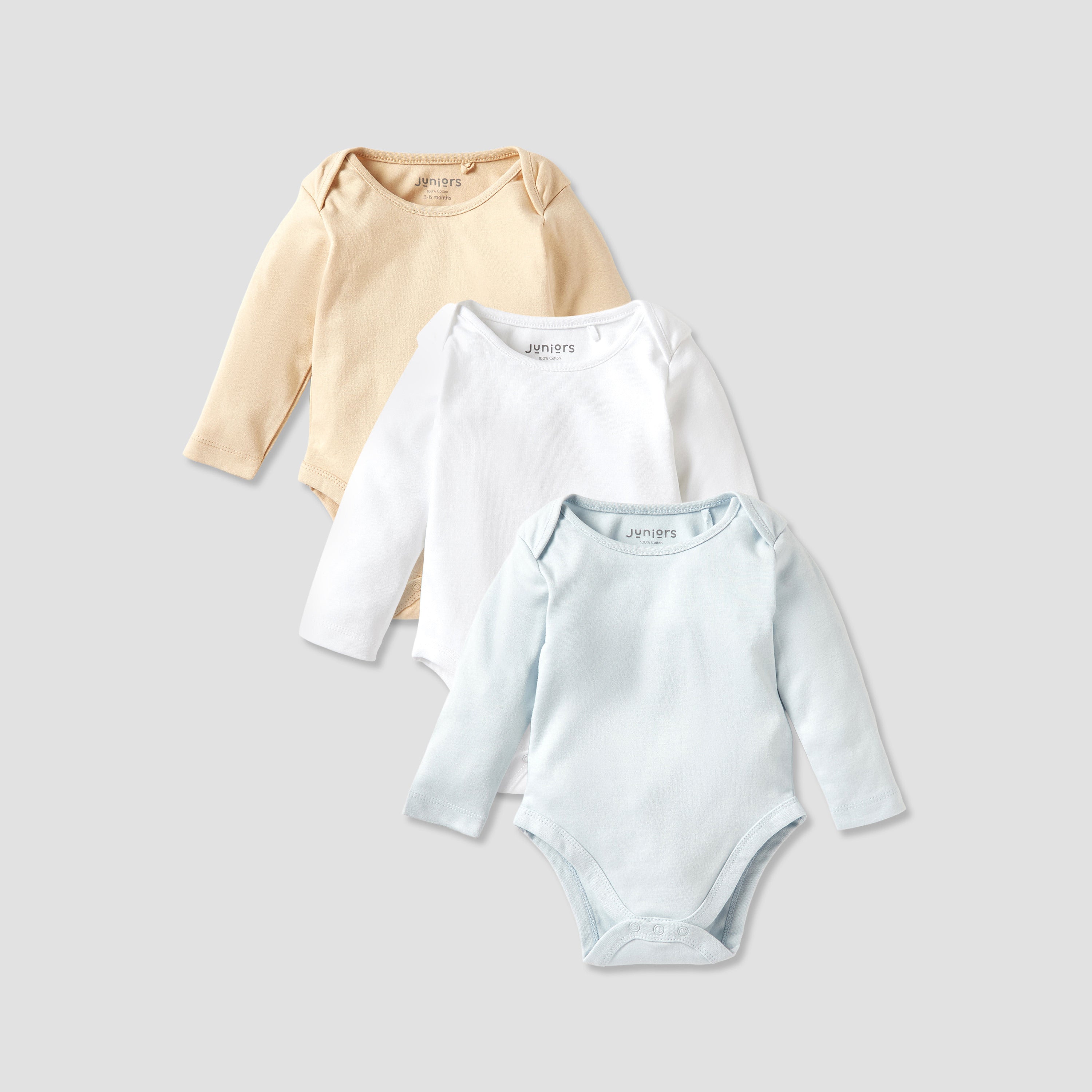 Juniors Solid Long Sleeves Bodysuit with Snap Button Closure - Set of 3