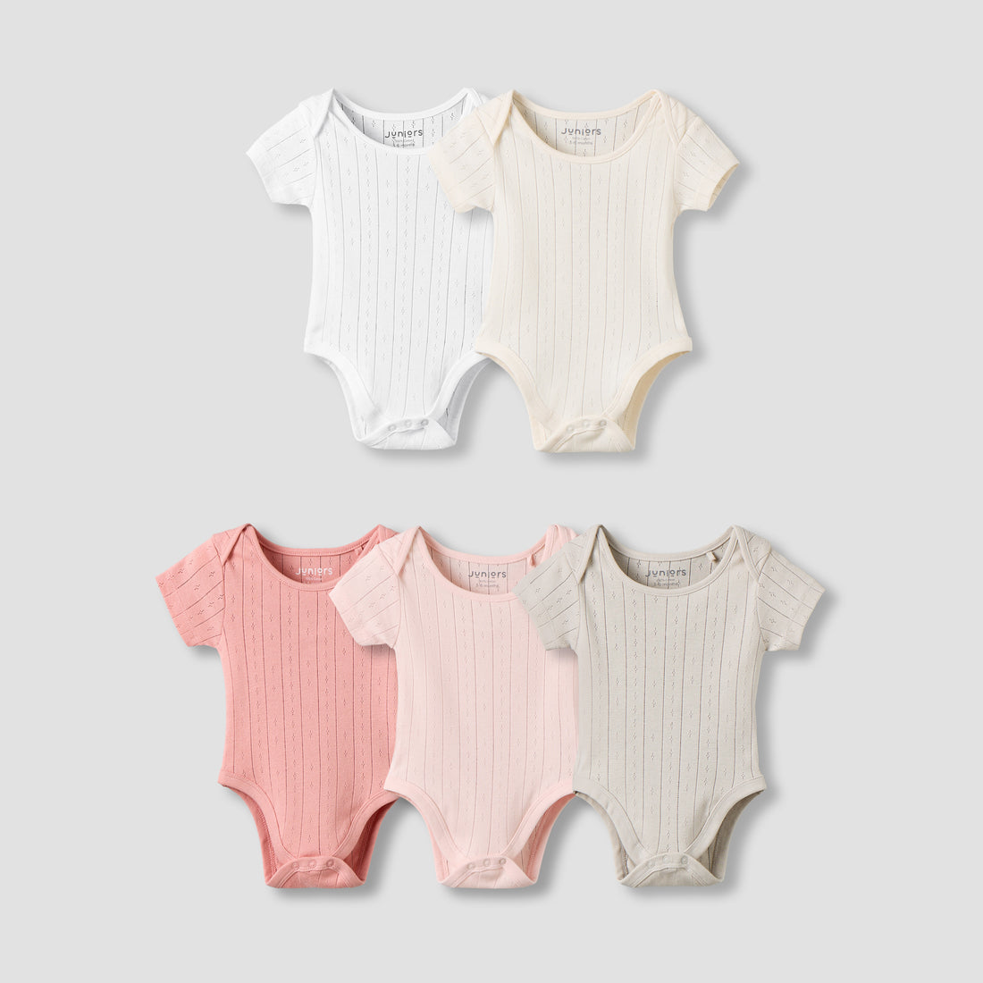 Juniors Pointelle Textured Bodysuit with Short Sleeves and Button Closure - Set of 5 - Multicolour / 12-18 mths