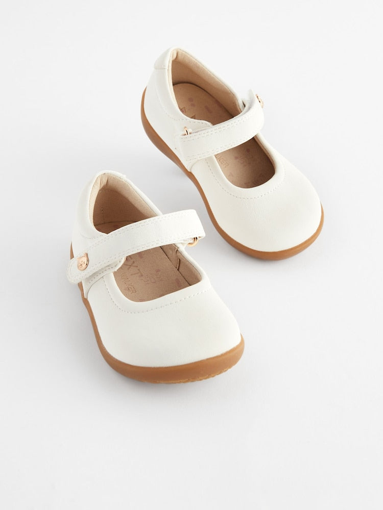 White Wide Fit (G) First Walker Mary Jane Shoes - White / EU 18.5 (UK 2.5)