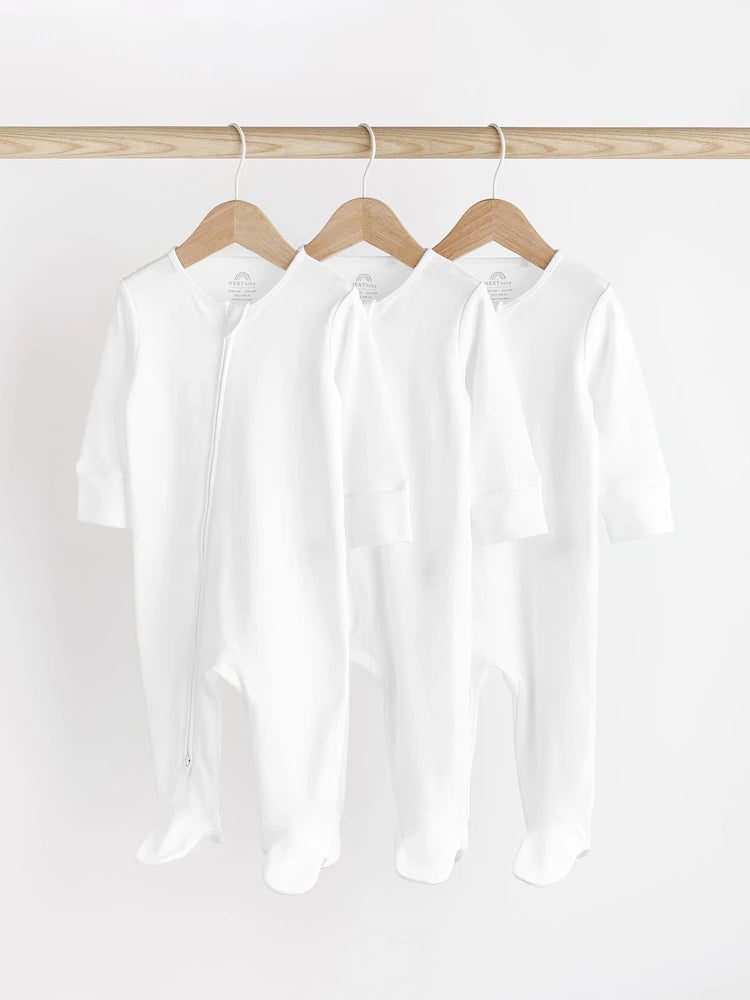 White Essential Zipped 100% Cotton Baby Sleepsuits 3 Pack (0-3yrs)