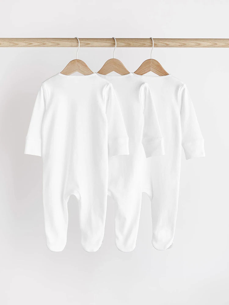 White Essential Zipped 100% Cotton Baby Sleepsuits 3 Pack (0-3yrs)