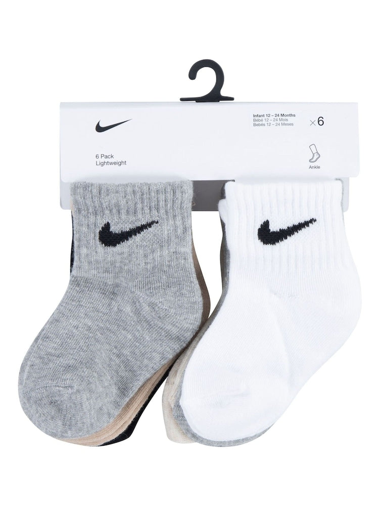 Nike Grey/Black Infant Swoosh Ankle Socks 6 Pack - Size 6-12 Months (68-80cm)