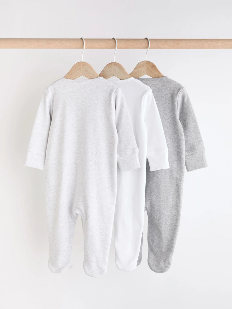 Grey Essential Zipped 100% Cotton Baby Sleepsuits 3 Pack (0-3yrs)