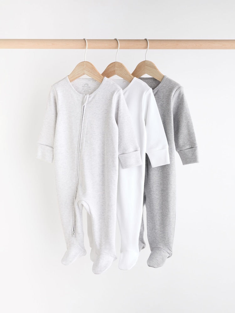 Grey Essential Zipped 100% Cotton Baby Sleepsuits 3 Pack (0-3yrs)