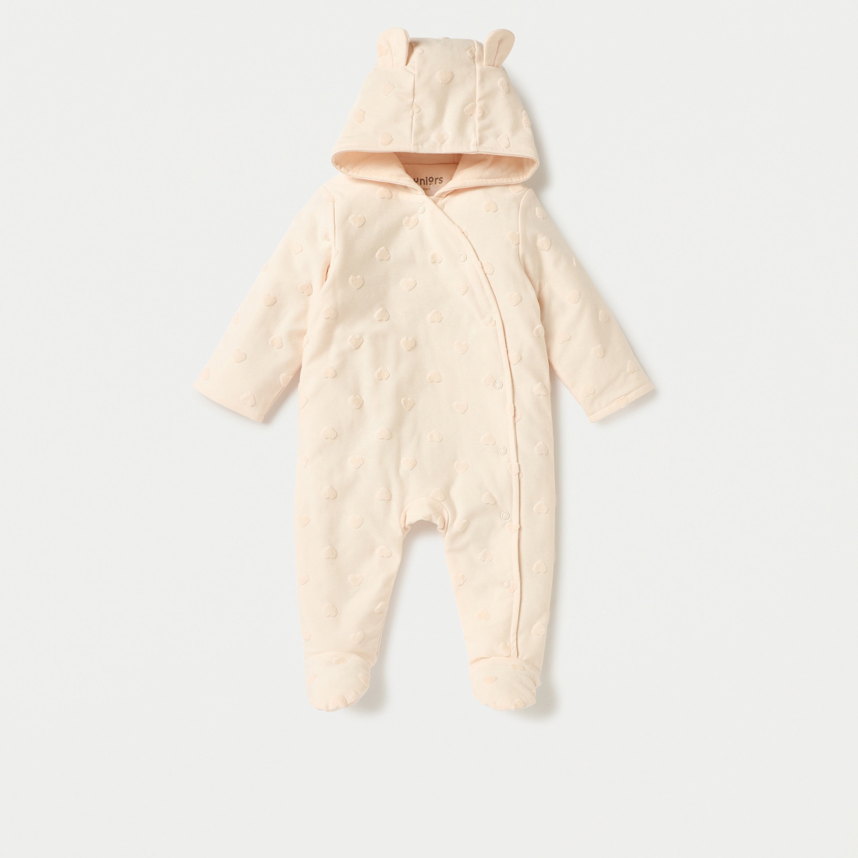 Juniors All-Over Heart Textured Hooded Sleepsuit with Snap Button Closure - Cream / 9-12 mths