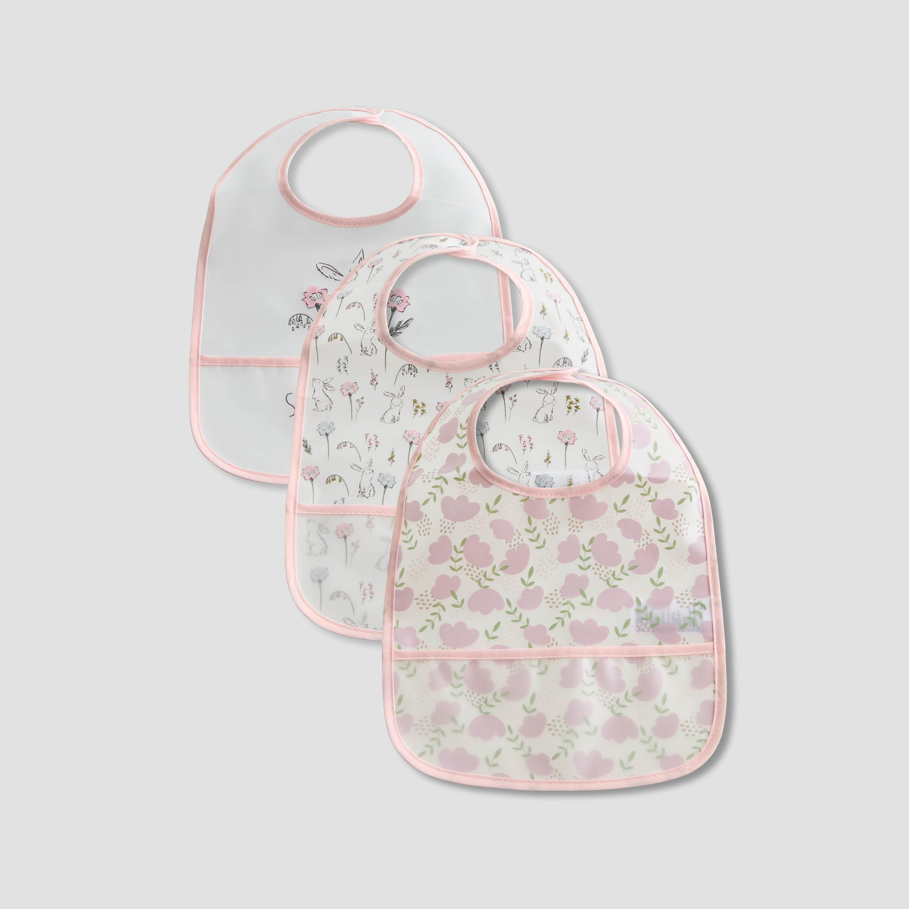 Juniors Floral Print Bib with Snap Button Closure - Set of 3 - Pink