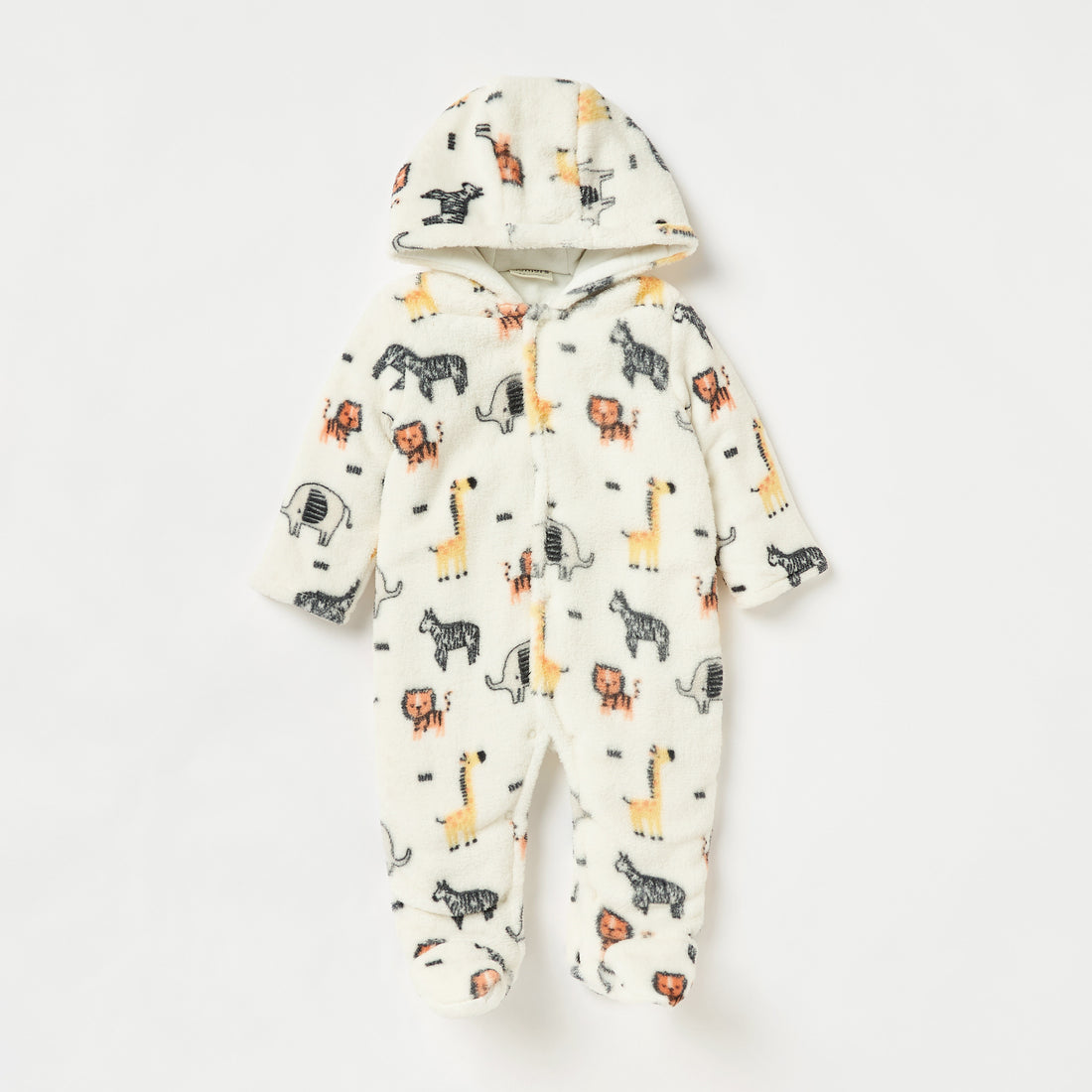 Juniors Safari Print Hooded Padded Closed Feet Sleepsuit with Long Sleeves - White / 9-12 mths