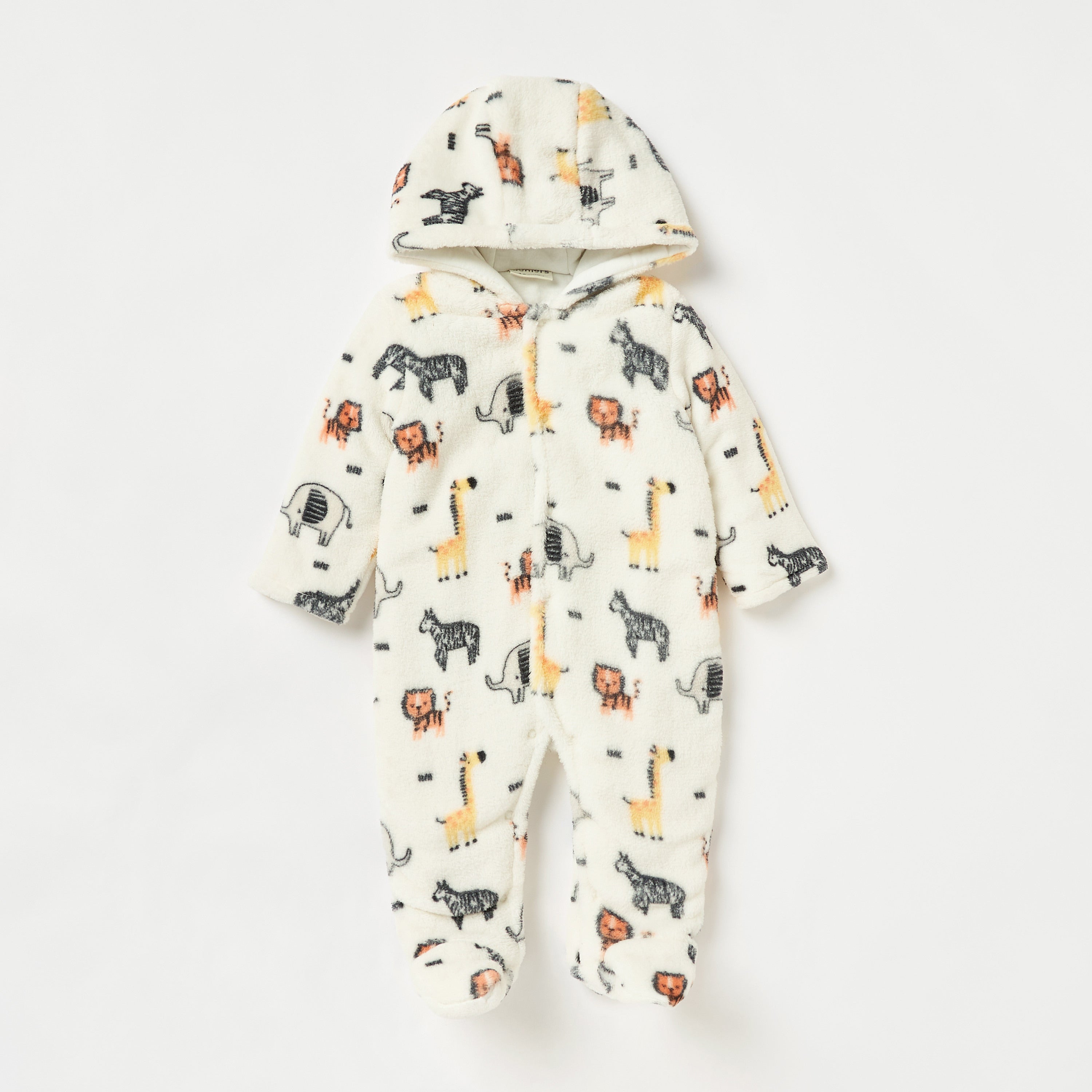 Juniors Safari Print Hooded Padded Closed Feet Sleepsuit with Long Sleeves - White / 9-12 mths