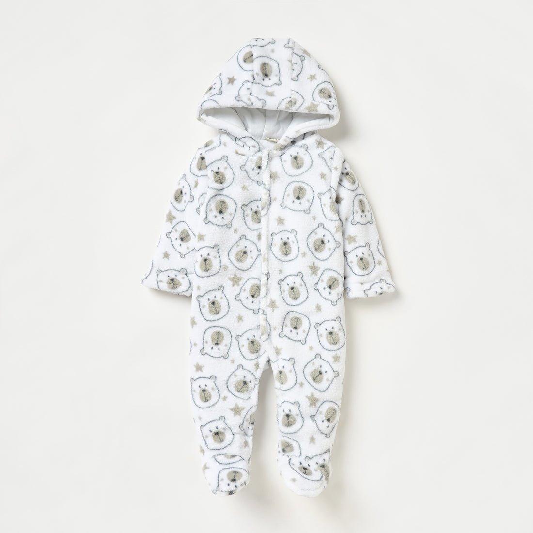 Juniors All-Over Bear Print Hooded Closed Feet Sleepsuit with Long Sleeves - White / 9-12 mths