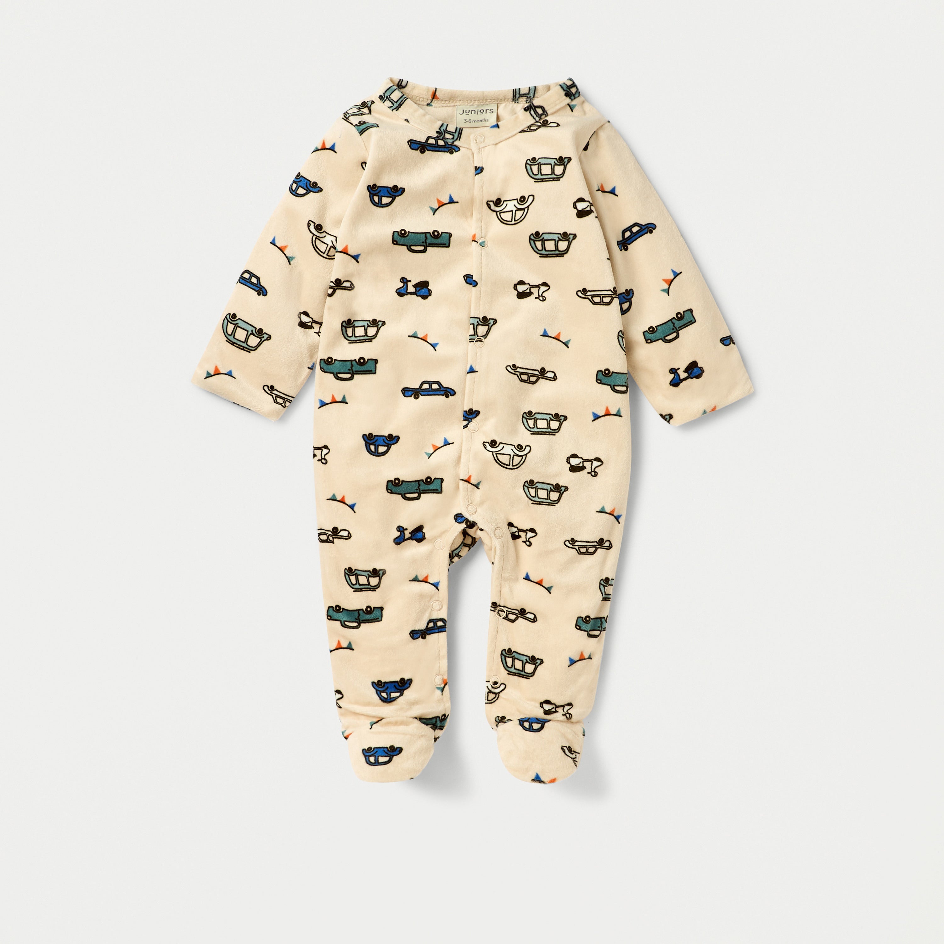 Juniors Vehicle Print Closed Feet Sleepsuit with Button Closure - Beige / 9-12 mths