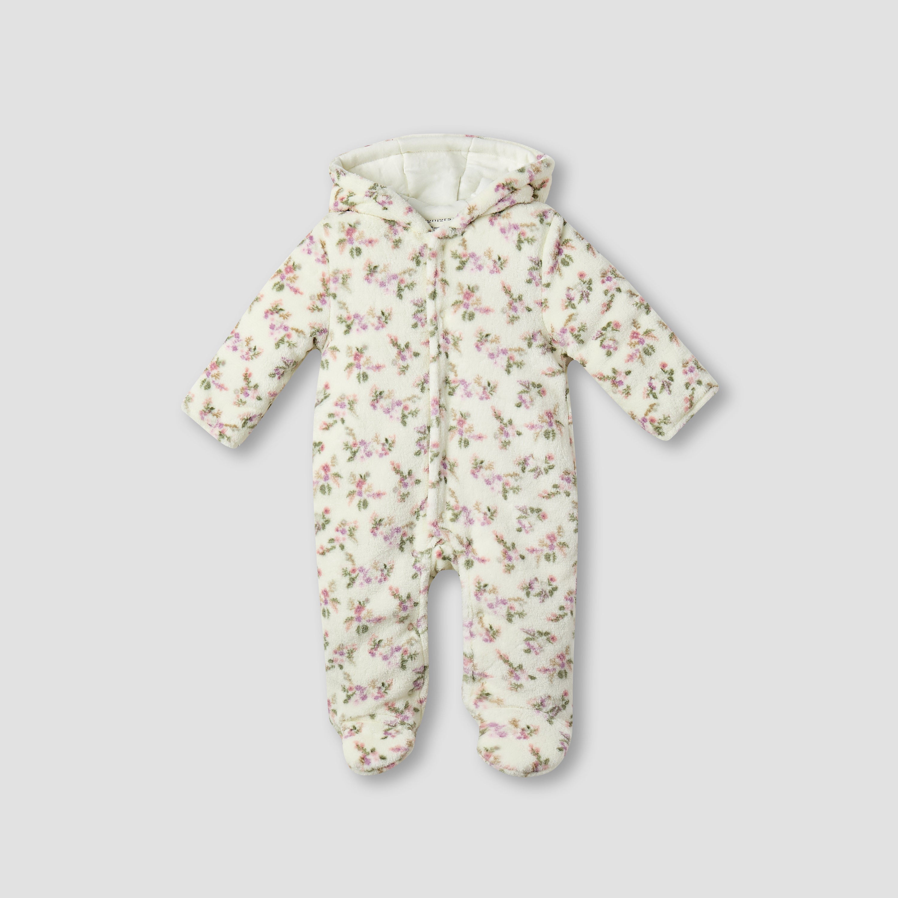 Juniors Floral Print Hooded Fleece Sleepsuit with Long Sleeves - Cream / 9-12 mths