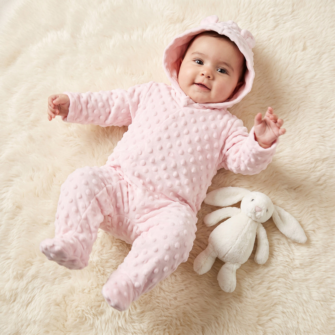 Juniors Hooded Sleepsuit with Closed Feet - Polyester - Long Sleeves - Pink / 9-12 mths