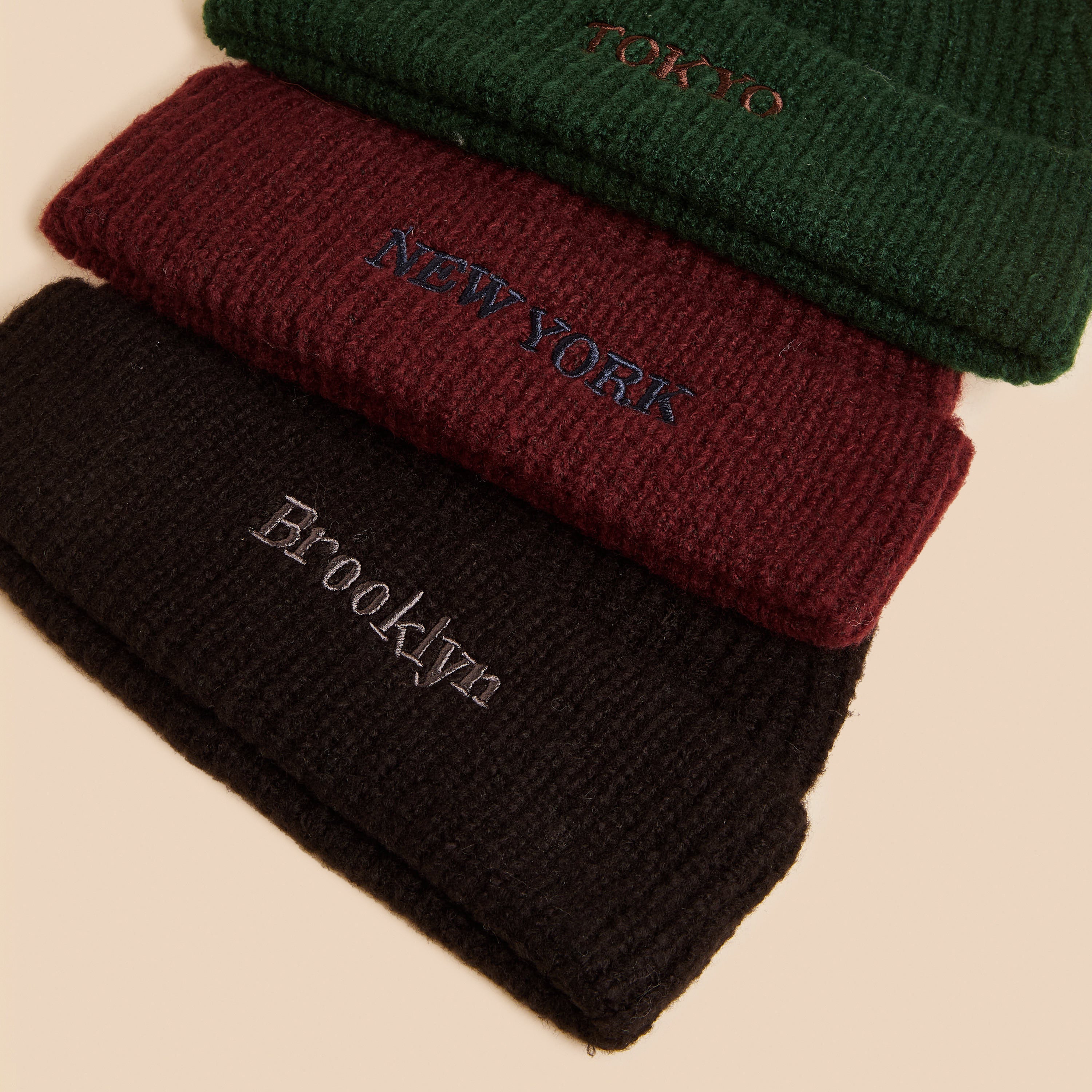 Pack of 3 - Embroidered Ribbed Beanie Cap