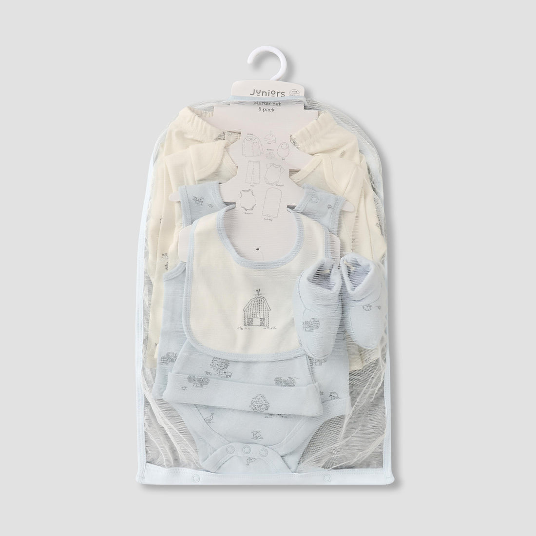 Set of 8 Juniors Clothing Gift Set with Barnyard Print - Blue / 3-6 mths