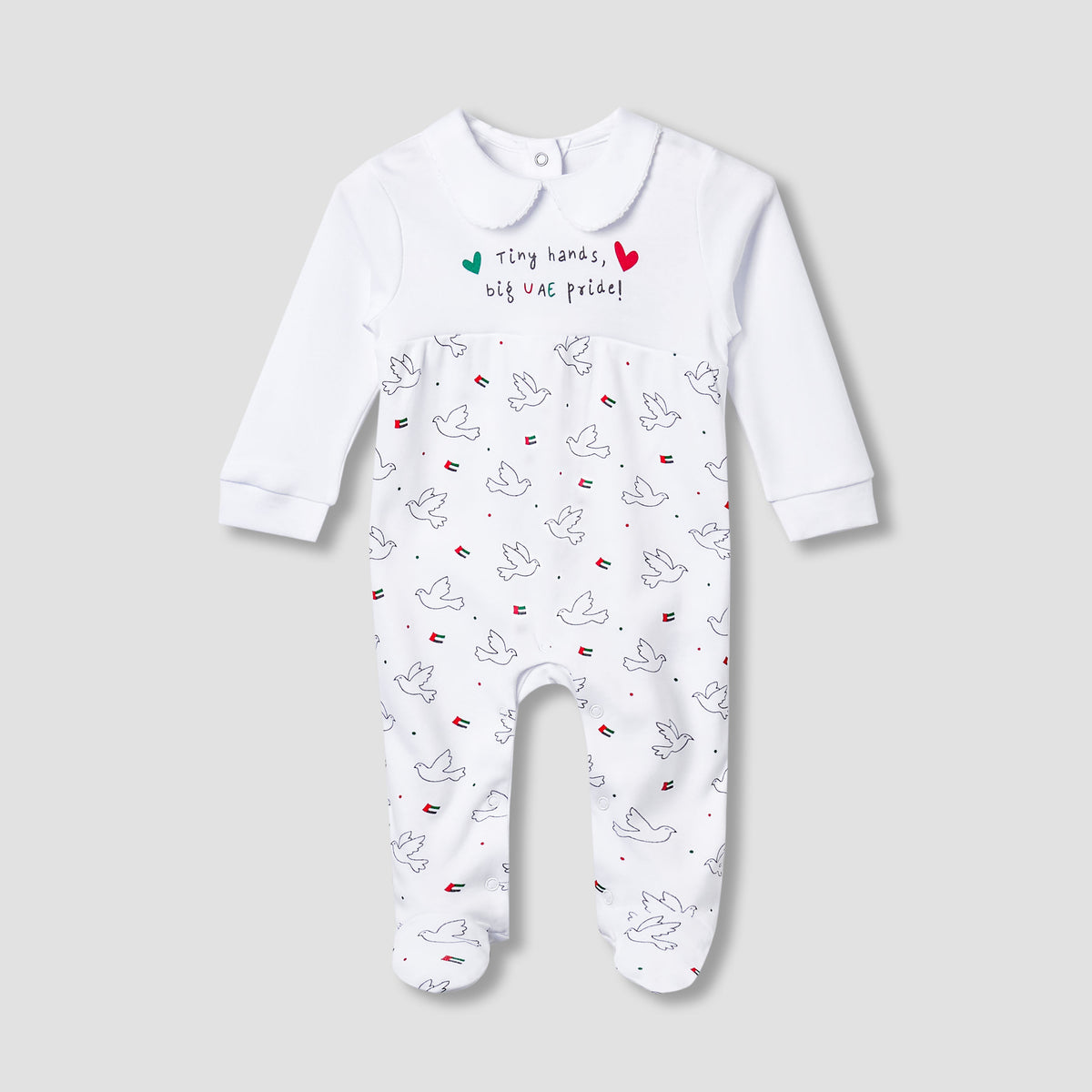 Juniors Cotton Collared Long Sleeves Sleepsuit with UAE National Day Print - White / 9-12 mths