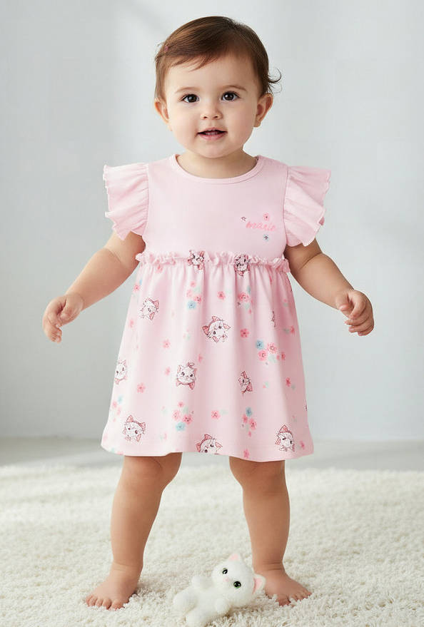 Disney Round Neck Cap Sleeves Dress with Marie Print