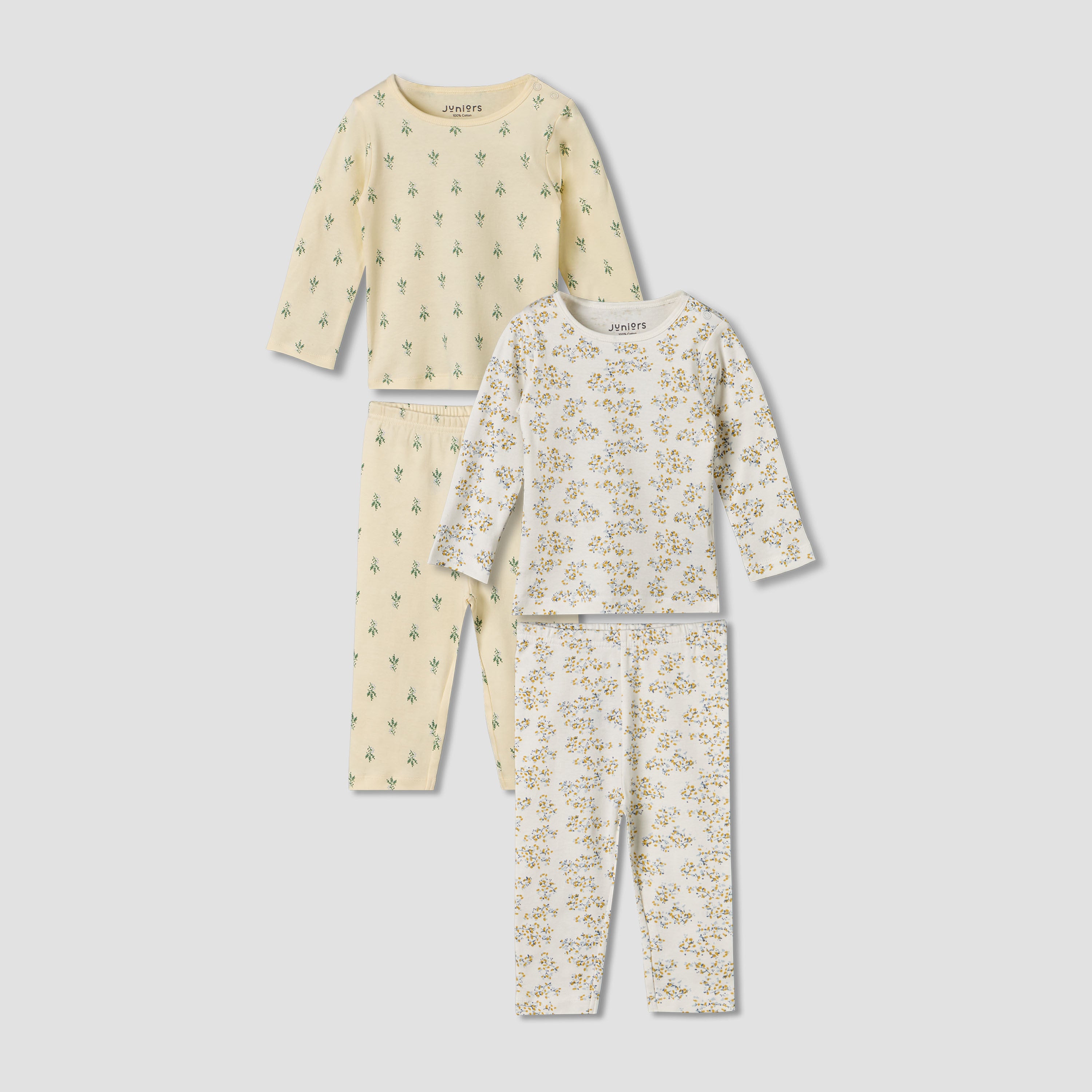Pack of 2 Juniors Cotton Round Neck Long Sleeves Pyjama Set with Botanical Print - Multicolour / 12-18 mths